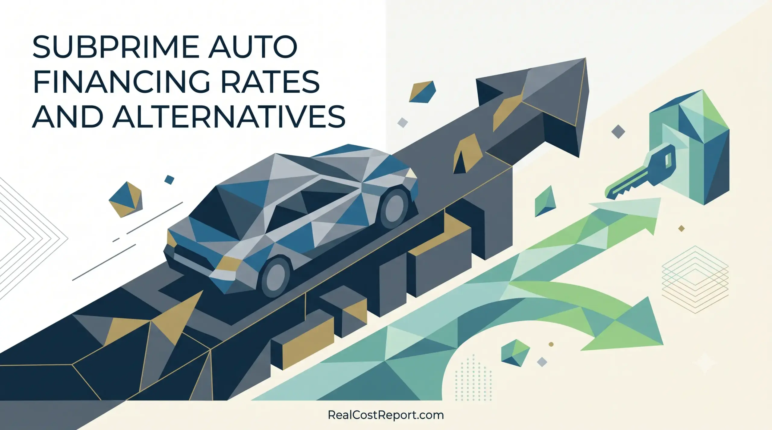 Geometric illustration showing a car driving up an arrow representing high rates, with alternative green paths branching off.