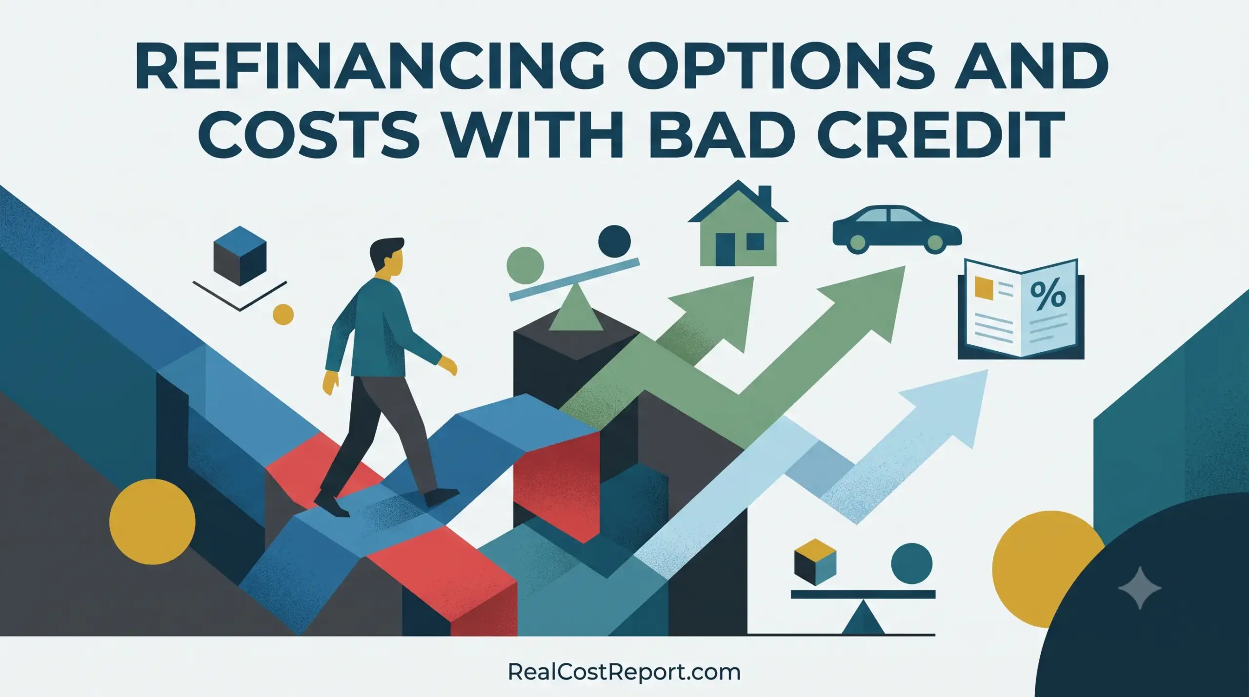 A modern geometric illustration shows a person walking up rising graphs toward icons for home and car refinancing.