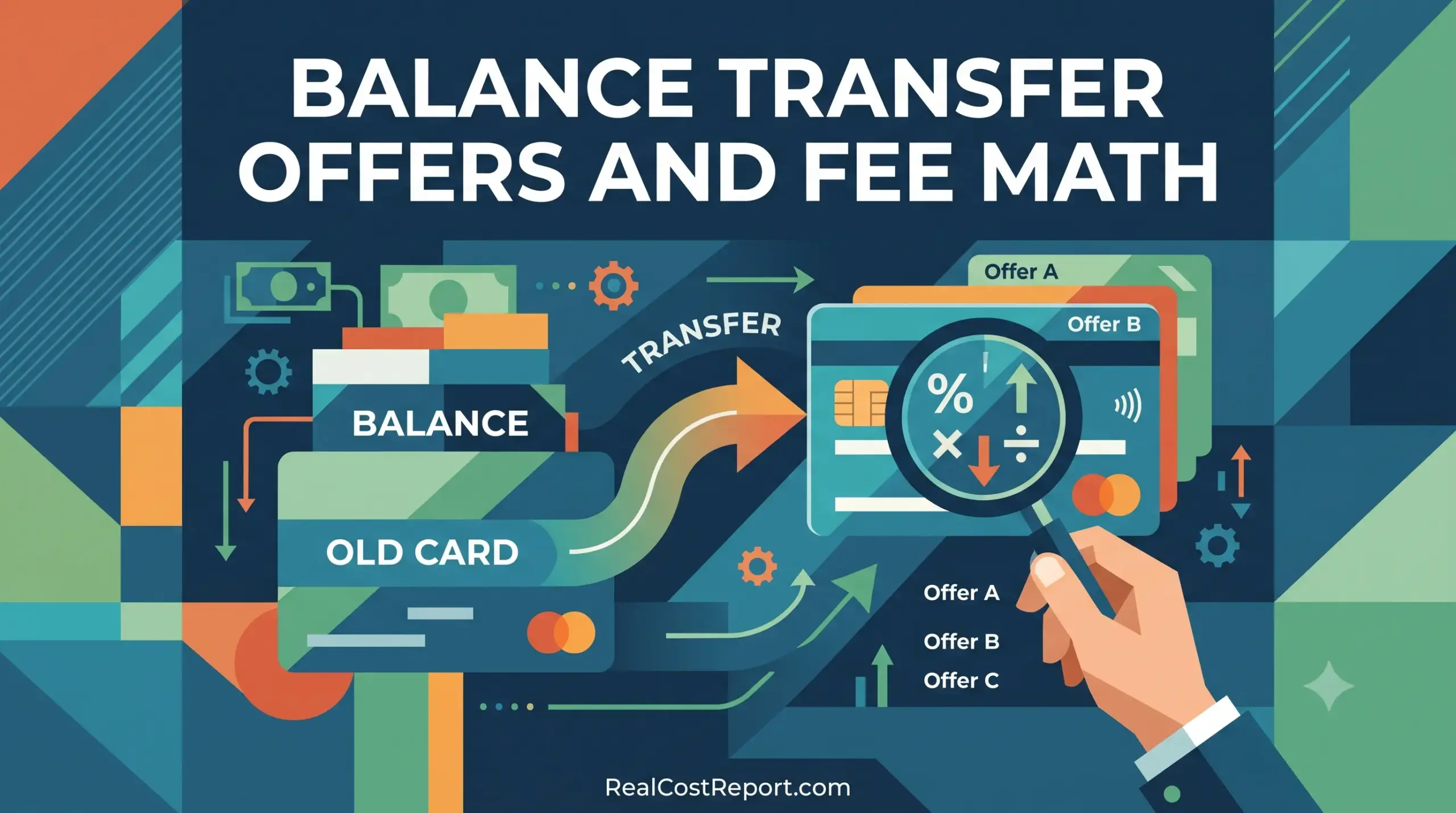 A geometric illustration shows an arrow transferring a debt balance from an old card to new offers being calculated.