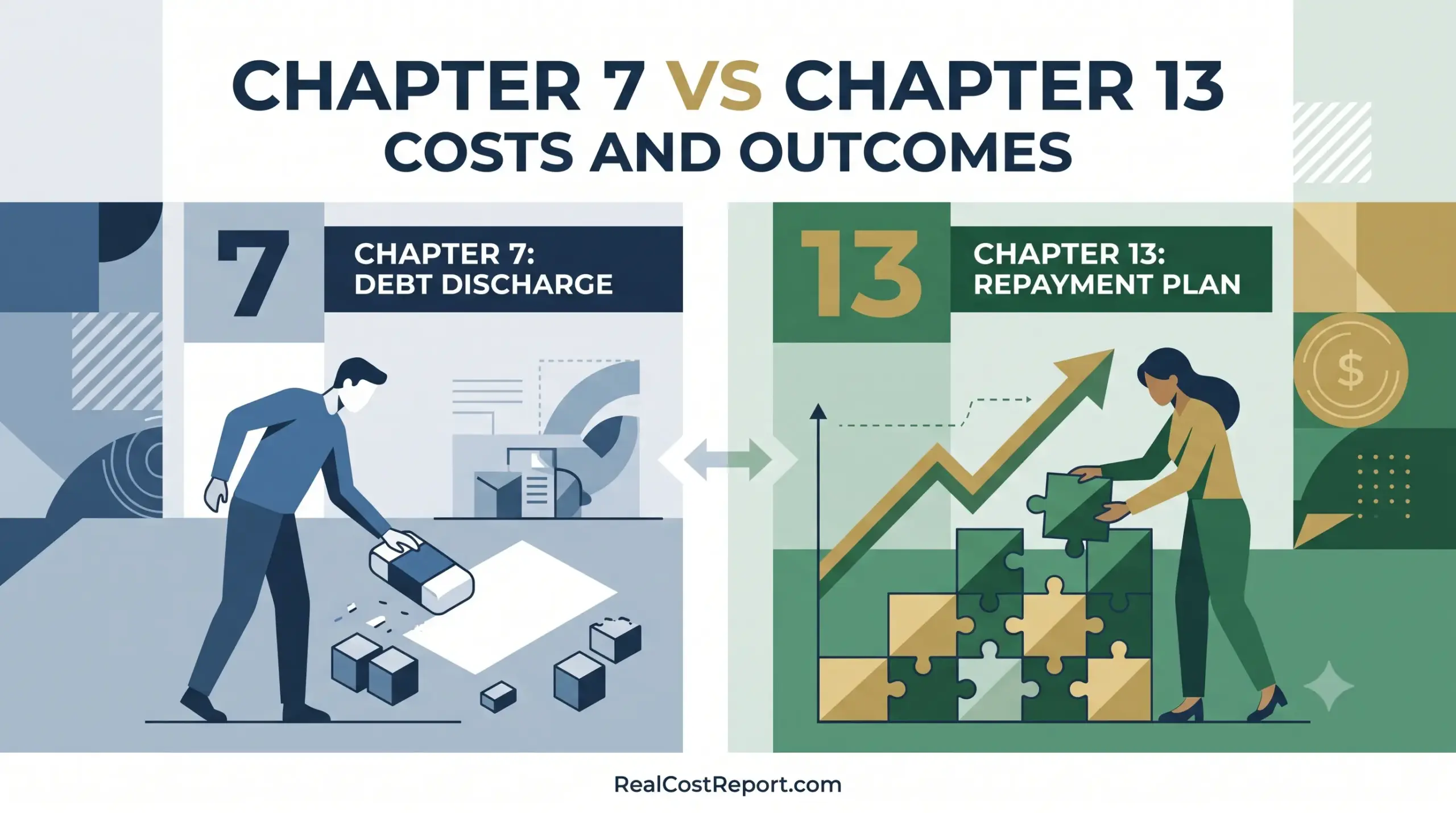 A split geometric illustration comparing Chapter 7 debt discharge and a Chapter 13 repayment plan on a clean background.