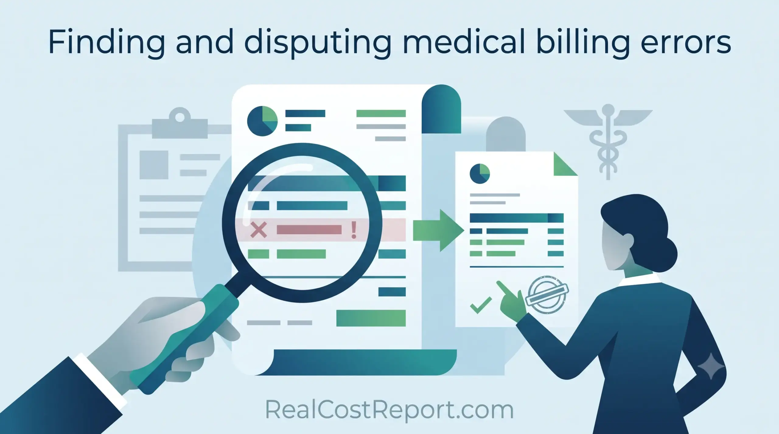 A geometric vector illustration for Real Cost Report showing a hand with a magnifying glass spotting an error on a medical bill, which is then corrected. The headline "Finding and disputing medical billing errors" is at the top. The website RealCostReport.com is at the bottom.