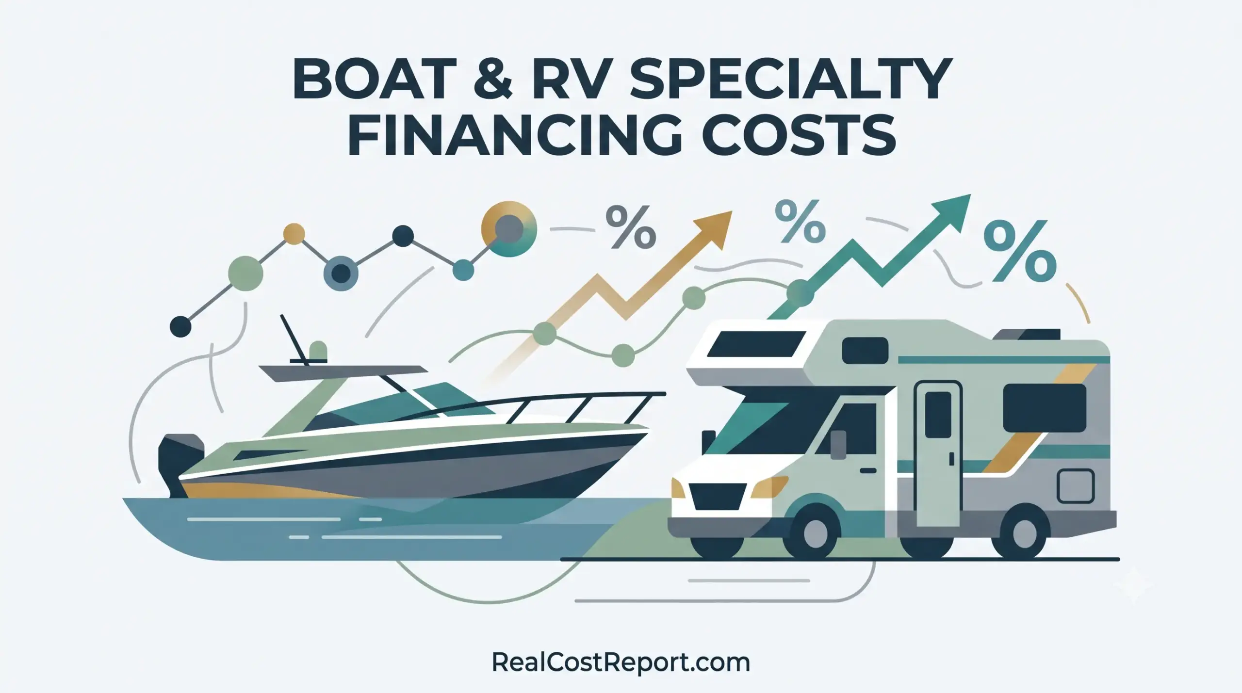 Geometric illustration of a boat and RV below abstract financial trend lines, representing specialty vehicle financing costs.