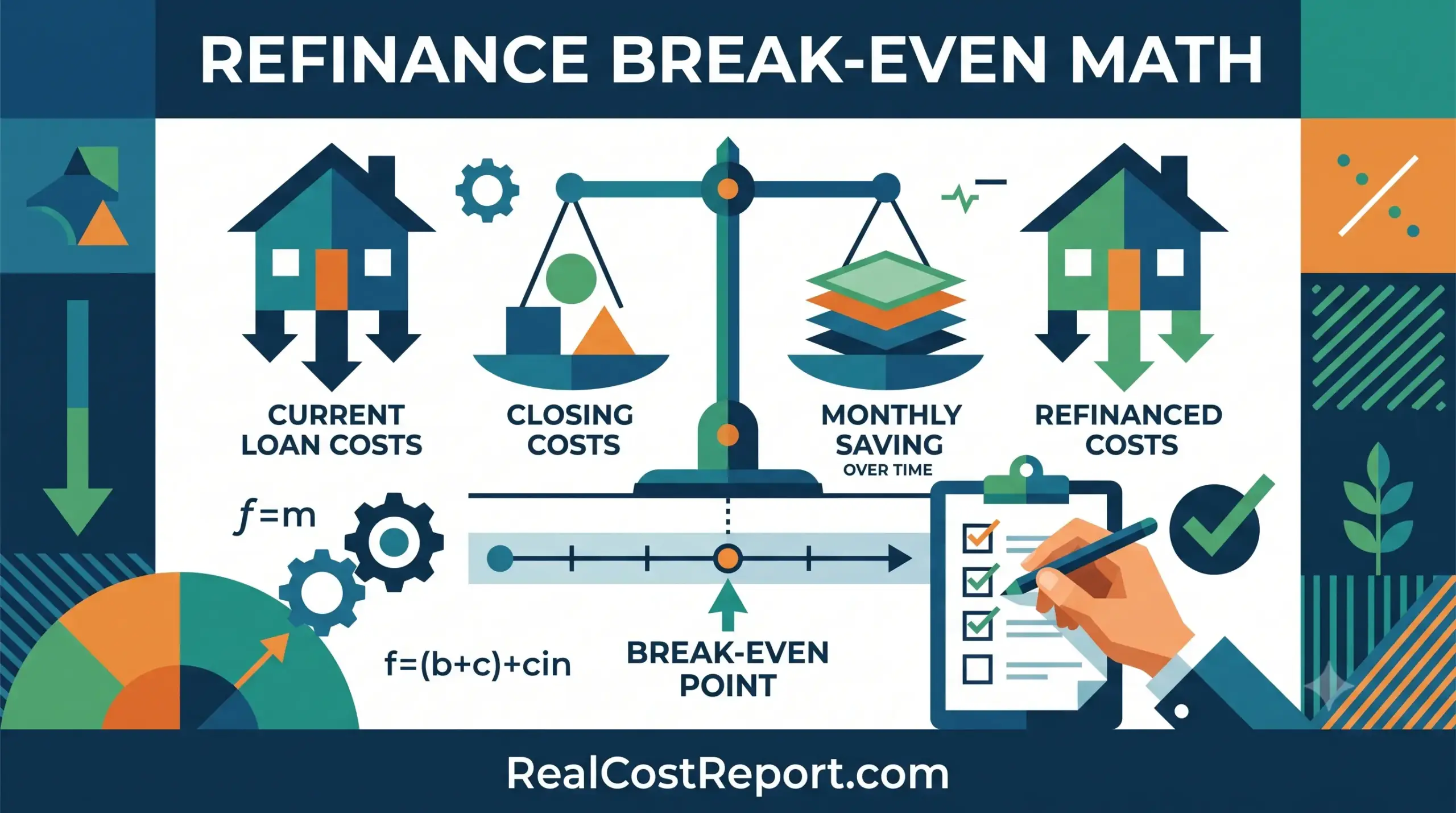 A clean vector infographic illustrating mortgage refinancing break-even analysis.