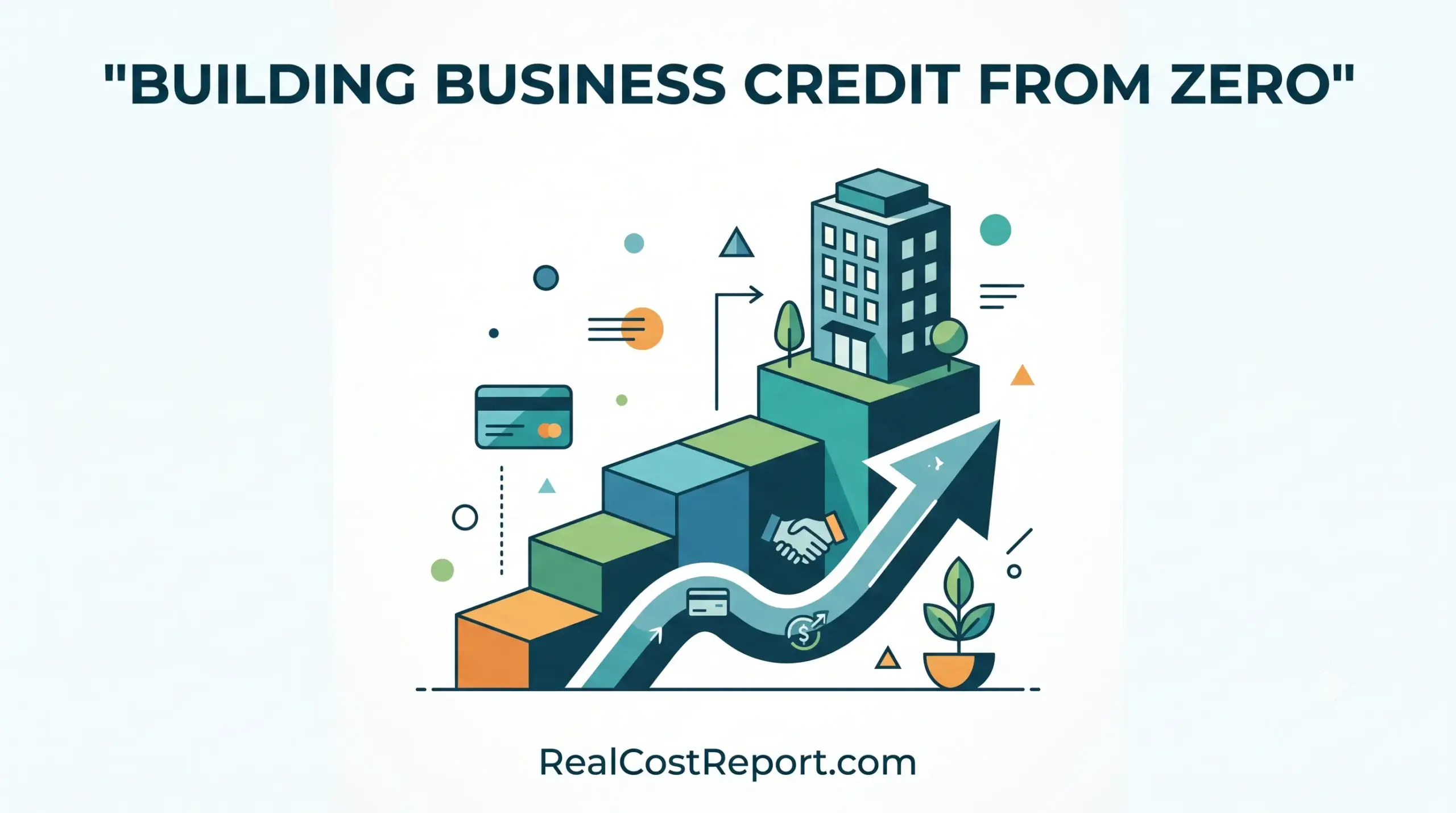 Flat vector illustration showing a business growth arrow climbing steps with a credit card icon, handshake, and building.