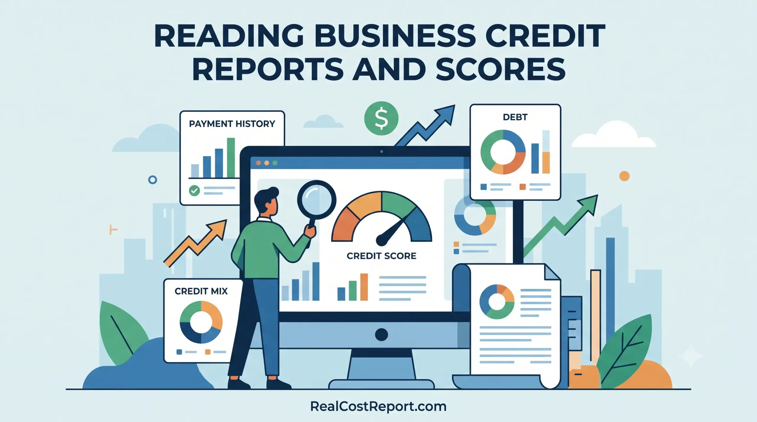 A modern vector illustration of a person reviewing a computer screen and documents showing a credit score gauge, charts, and graphs labeled 'DEBT' and 'PAYMENT HISTORY'. The headline 'READING BUSINESS CREDIT REPORTS AND SCORES' is at the top.