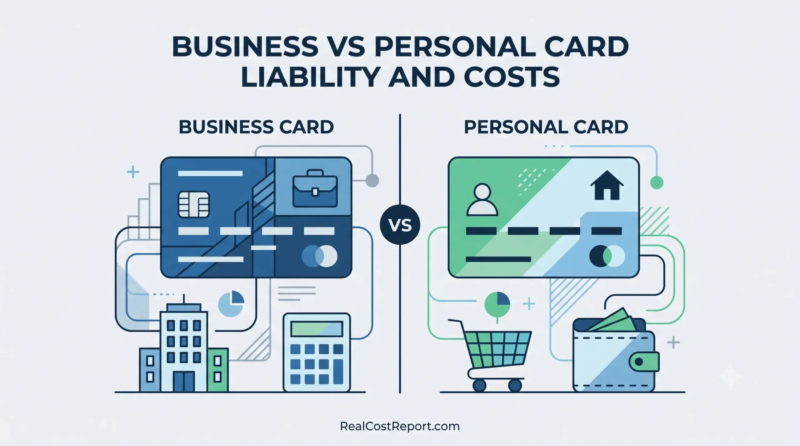 Split geometric illustration comparing a business credit card and office building with a personal card and shopping cart.