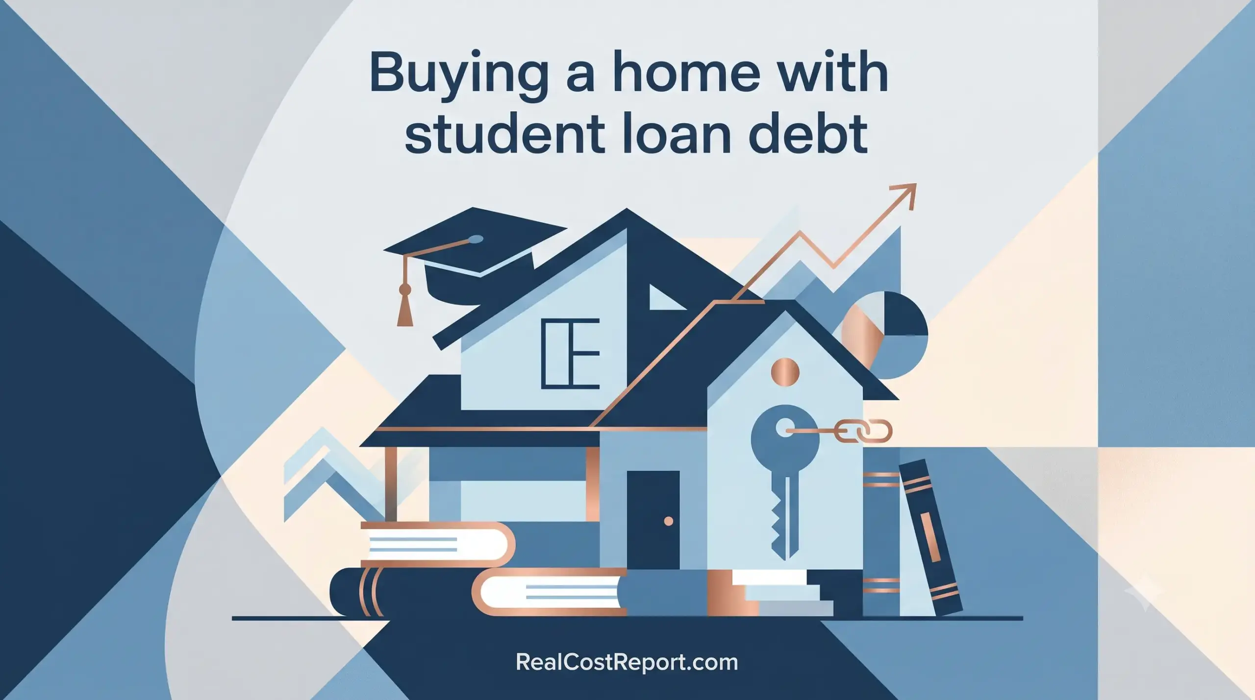 Geometric vector illustration combining a house with a graduation cap and books on a blue background.