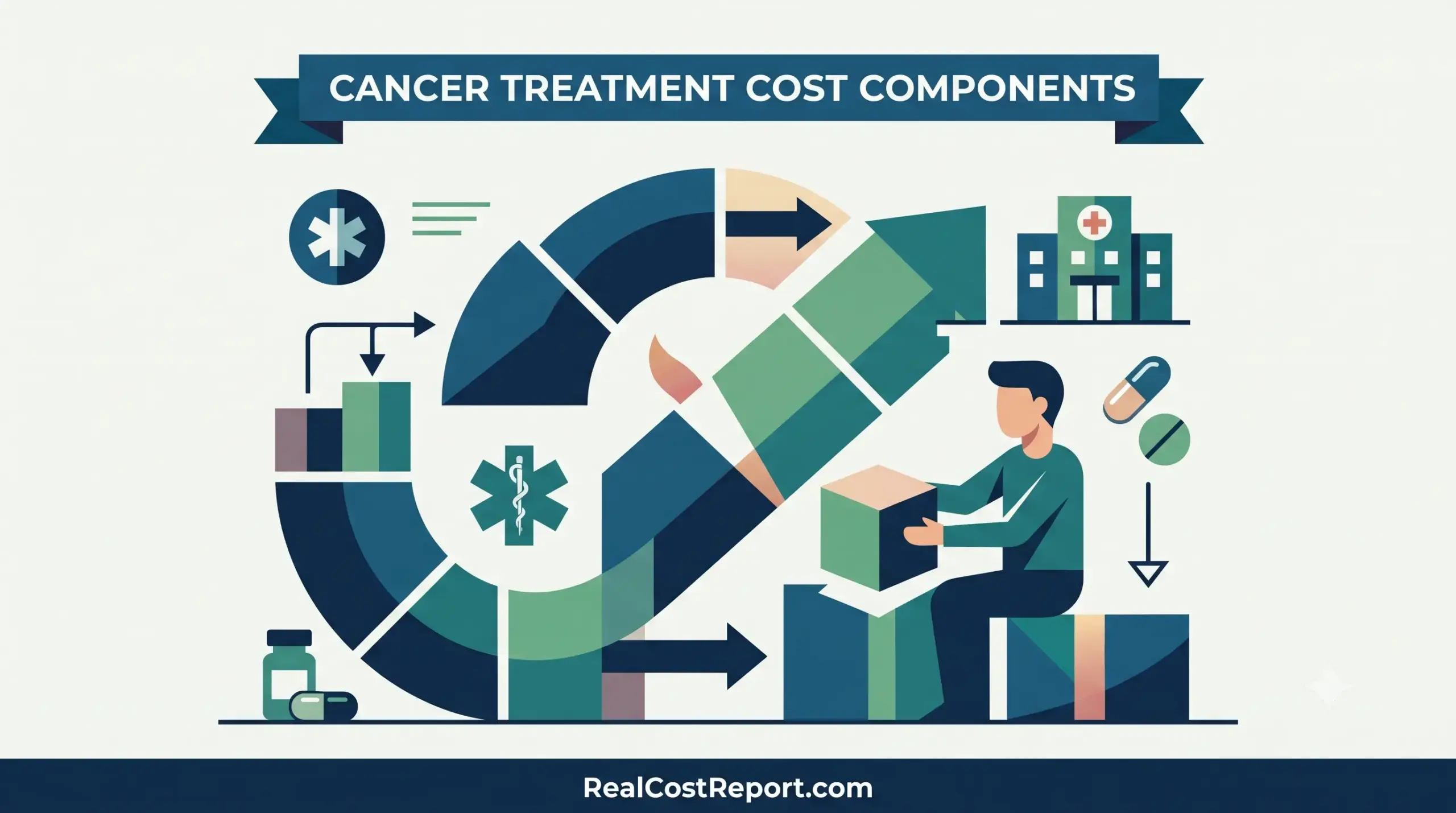 Flat vector illustration showing various cancer treatment cost components with medical icons, an arrow diagram, and a person handling blocks.