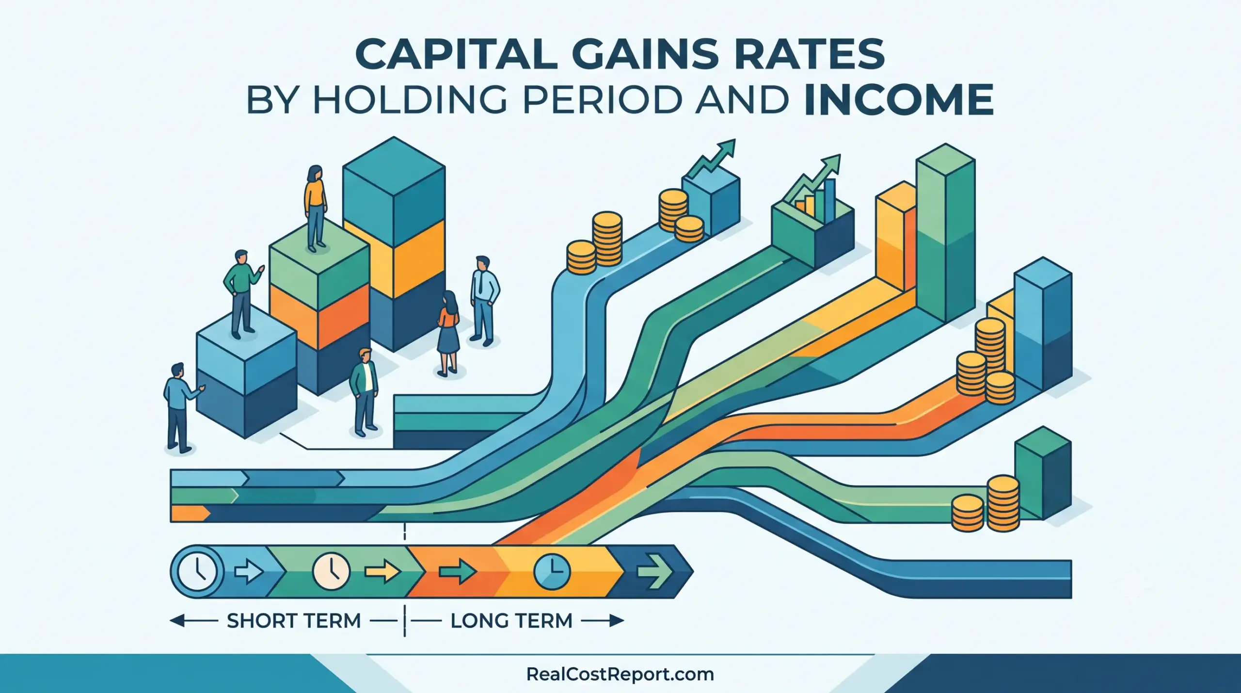 An isometric illustration with charts and paths, titled 'CAPITAL GAINS RATES BY HOLDING PERIOD AND INCOME'.