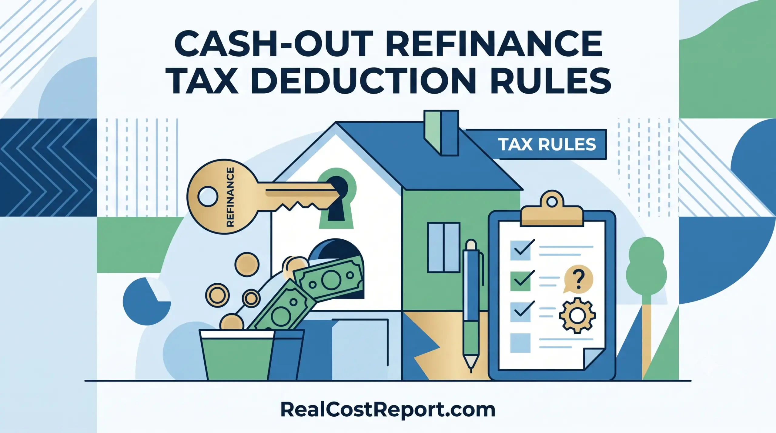 Minimalist vector illustration of a house being unlocked with a refinance key, accompanied by a checklist labeled 'TAX RULES'.