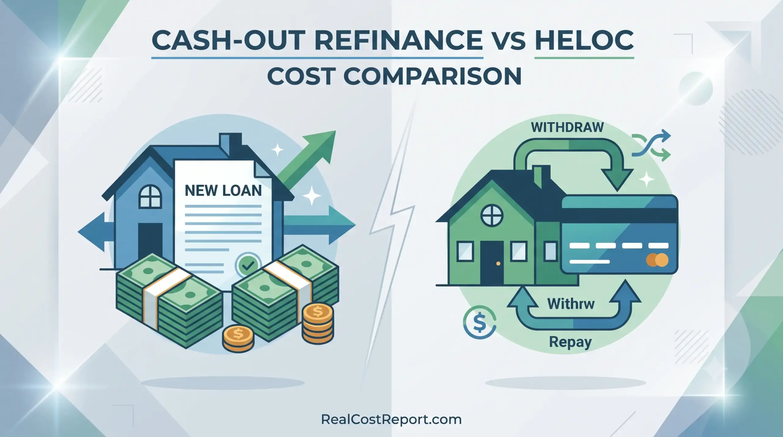 A geometric vector illustration comparing cash-out refinance with a new loan and cash stacks versus HELOC with a revolving credit card and withdraw arrows.