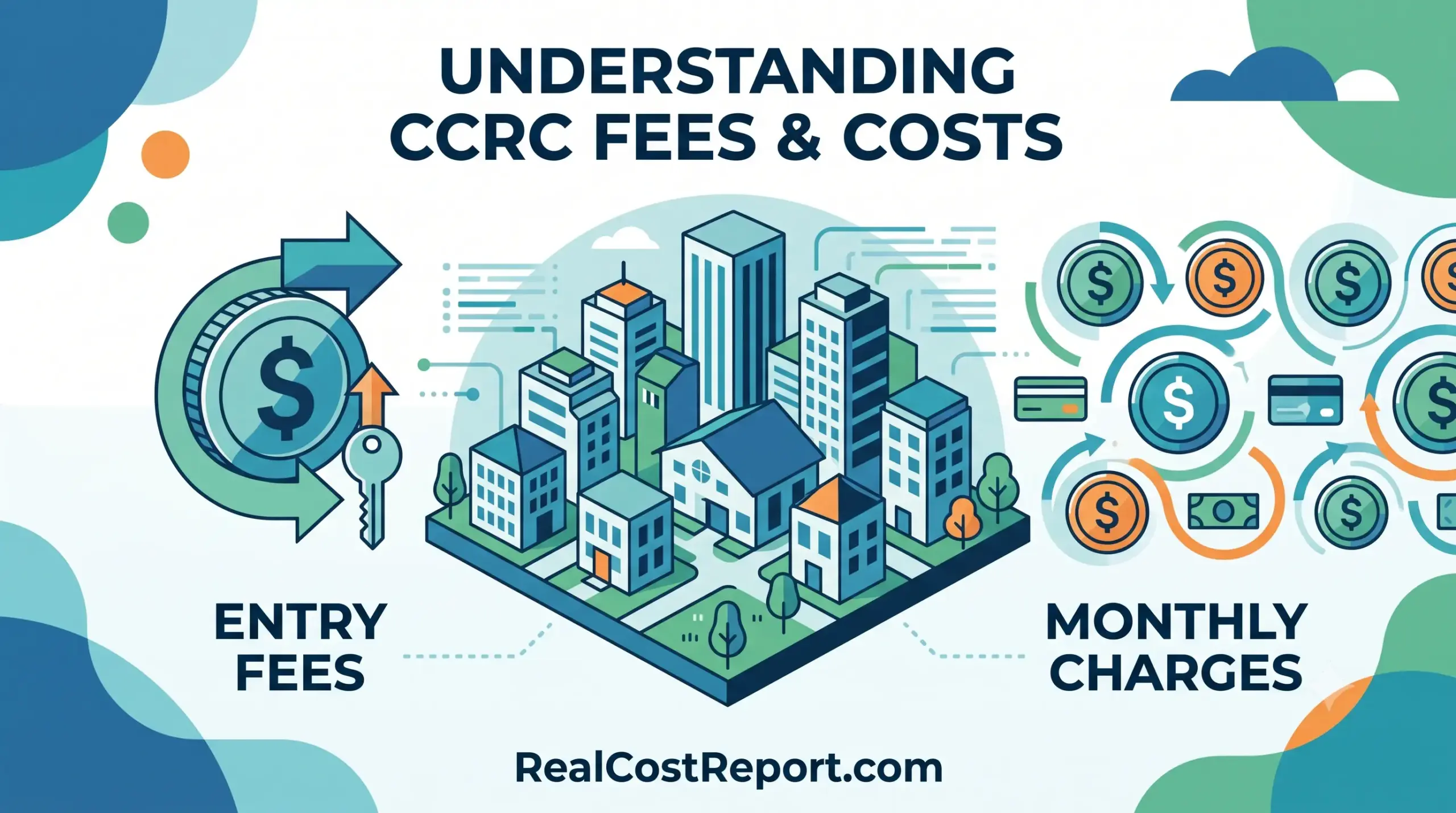 Geometric vector illustration illustrating large entry fees and repeating monthly costs for continuing care retirement communities.