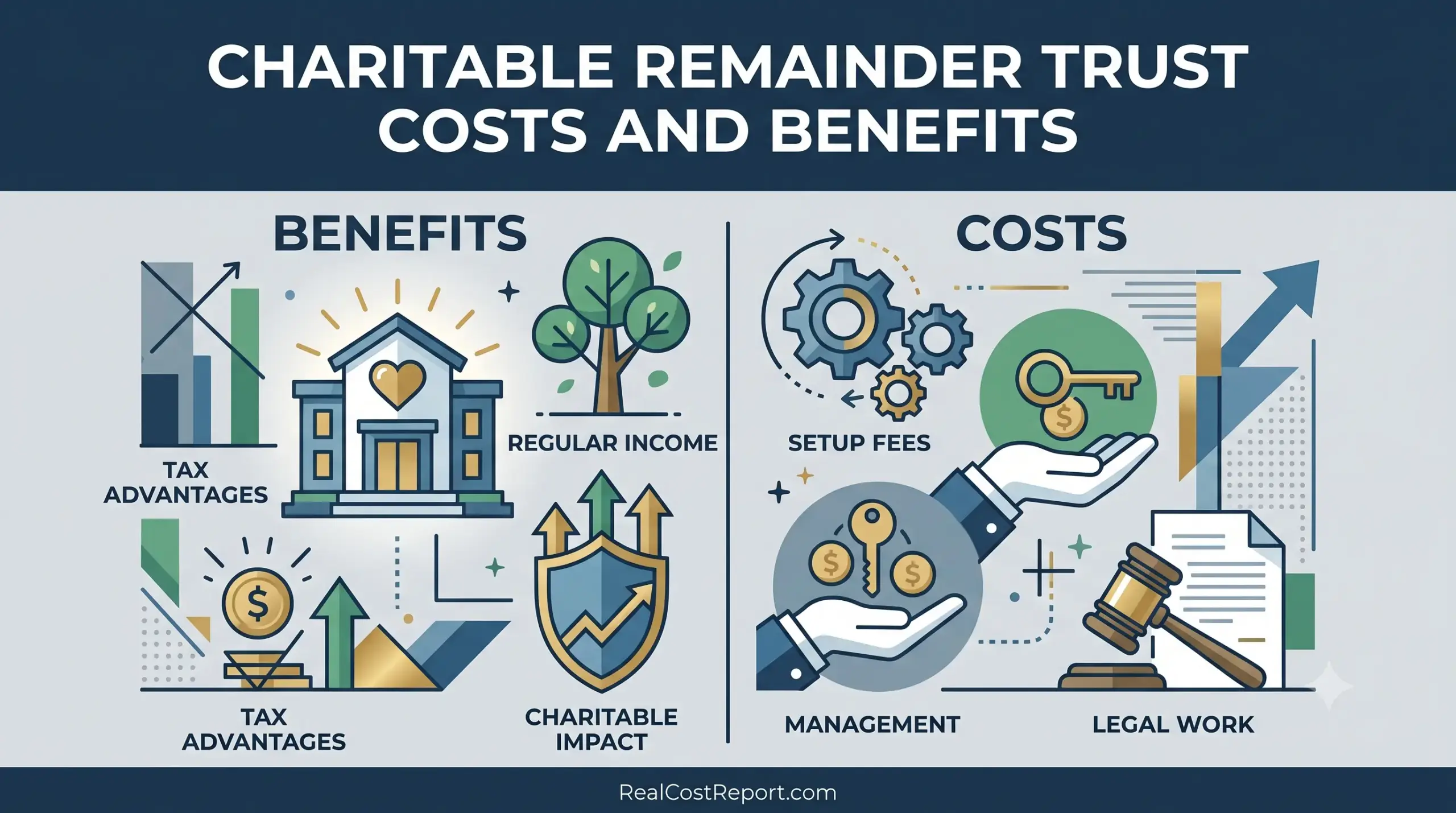 An editorial vector illustration with a split-screen design comparing 'Benefits' and 'Costs' of charitable remainder trusts, including the URL RealCostReport.com at the bottom.
