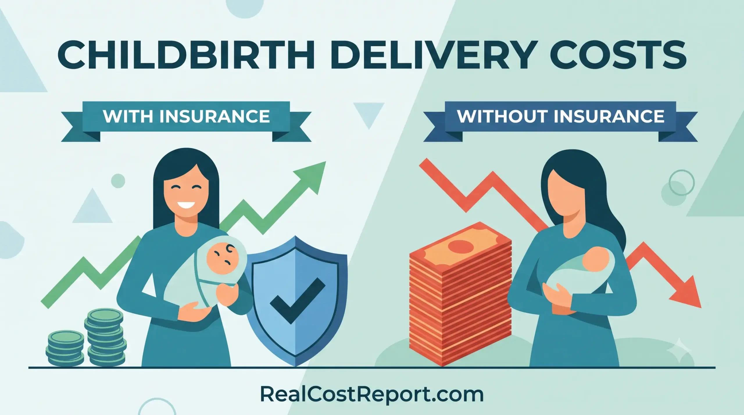 A flat vector illustration comparing the financial aspects of childbirth with and without insurance.