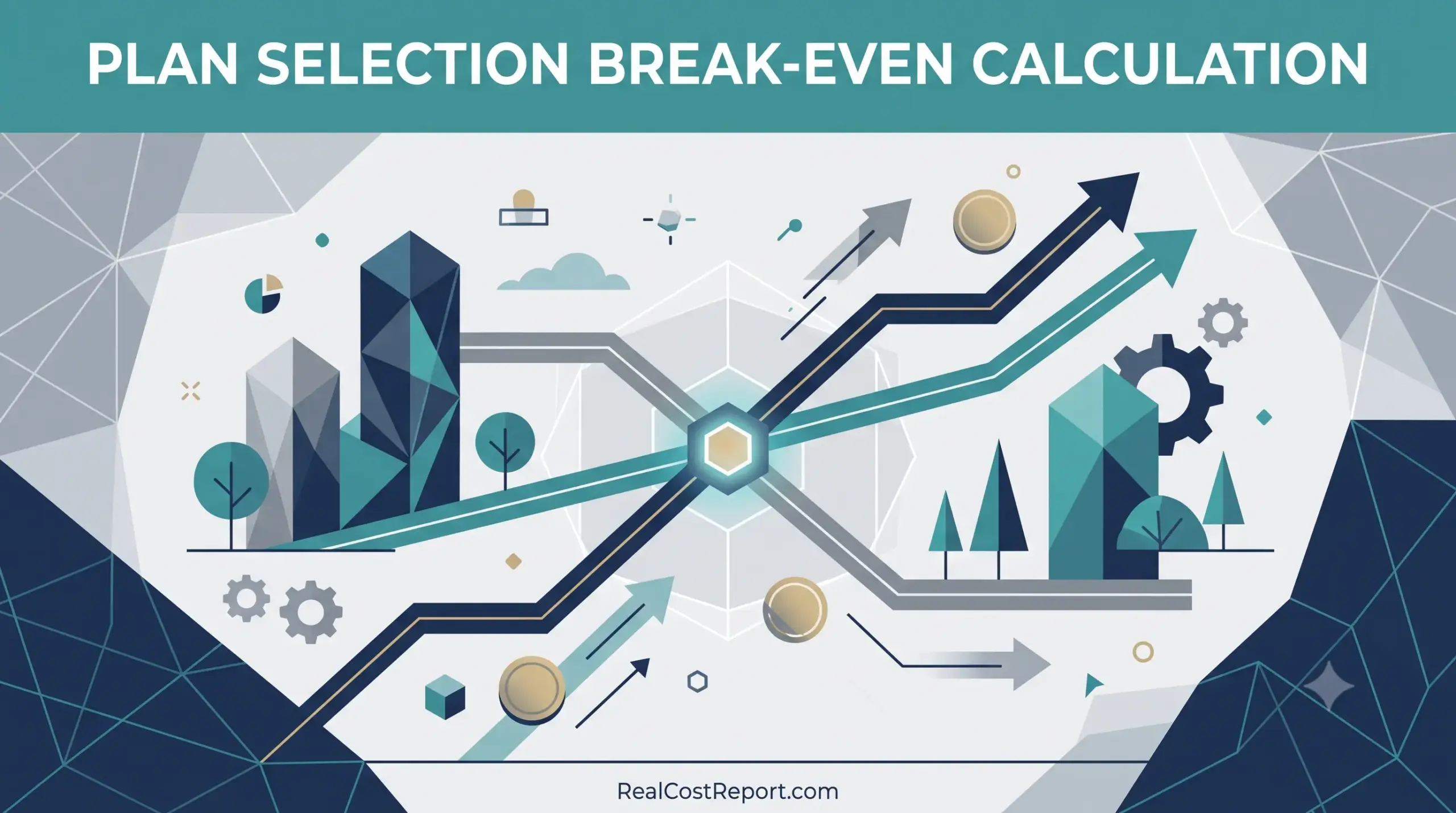 Geometric vector illustration with upward-crossing trend lines, analyzing the break-even point for different business plans and selections.