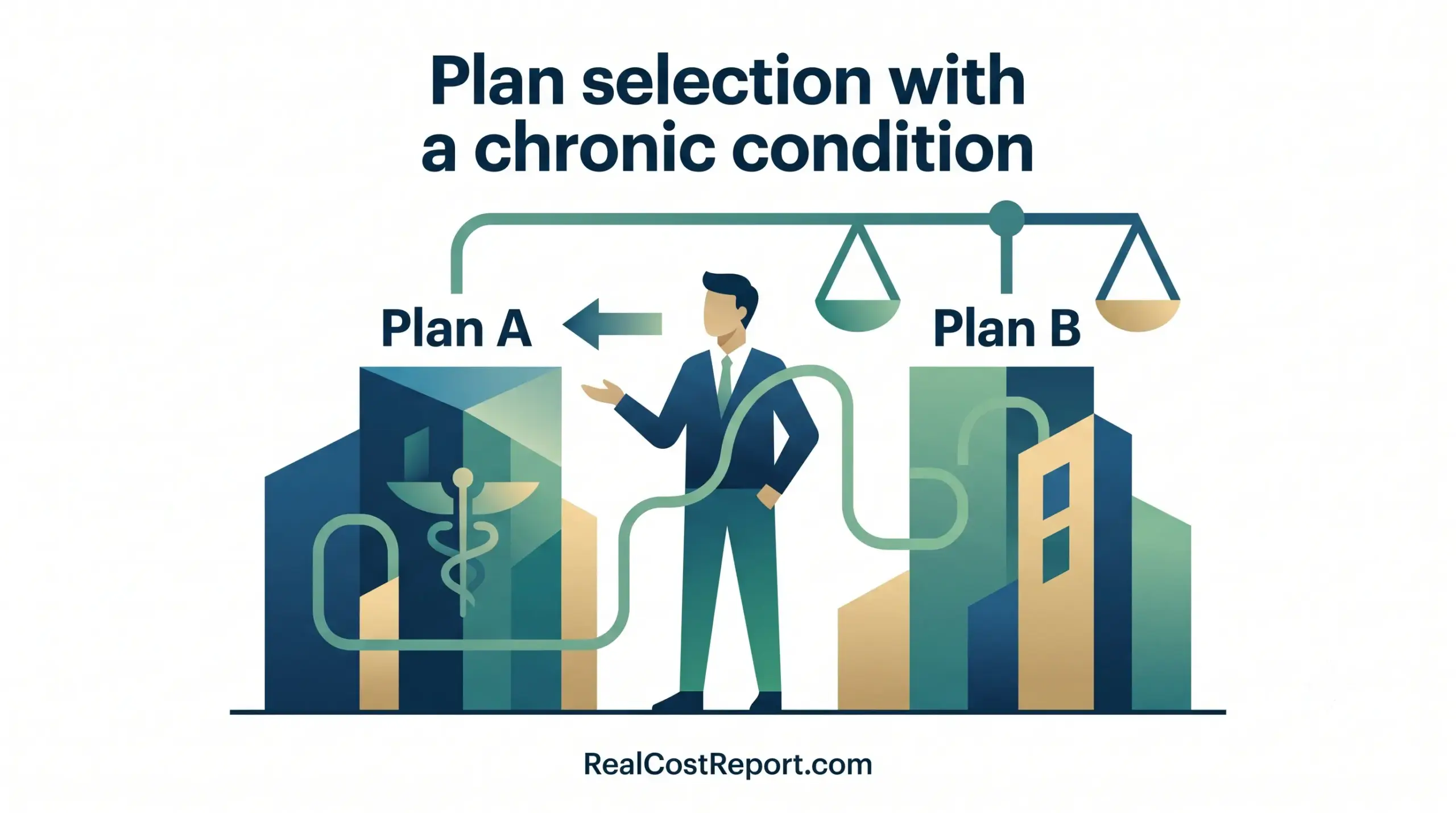 A vector illustration of a professional weighing two health options, labeled Plan A and Plan B, for chronic care.