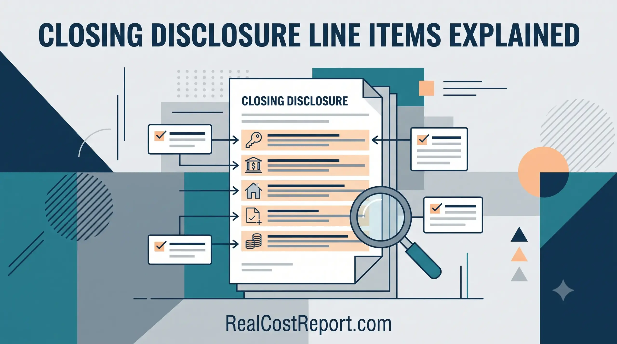 Geometric flat illustration explaining closing disclosure line items, featuring a magnifying glass, stylized document, and key icons.