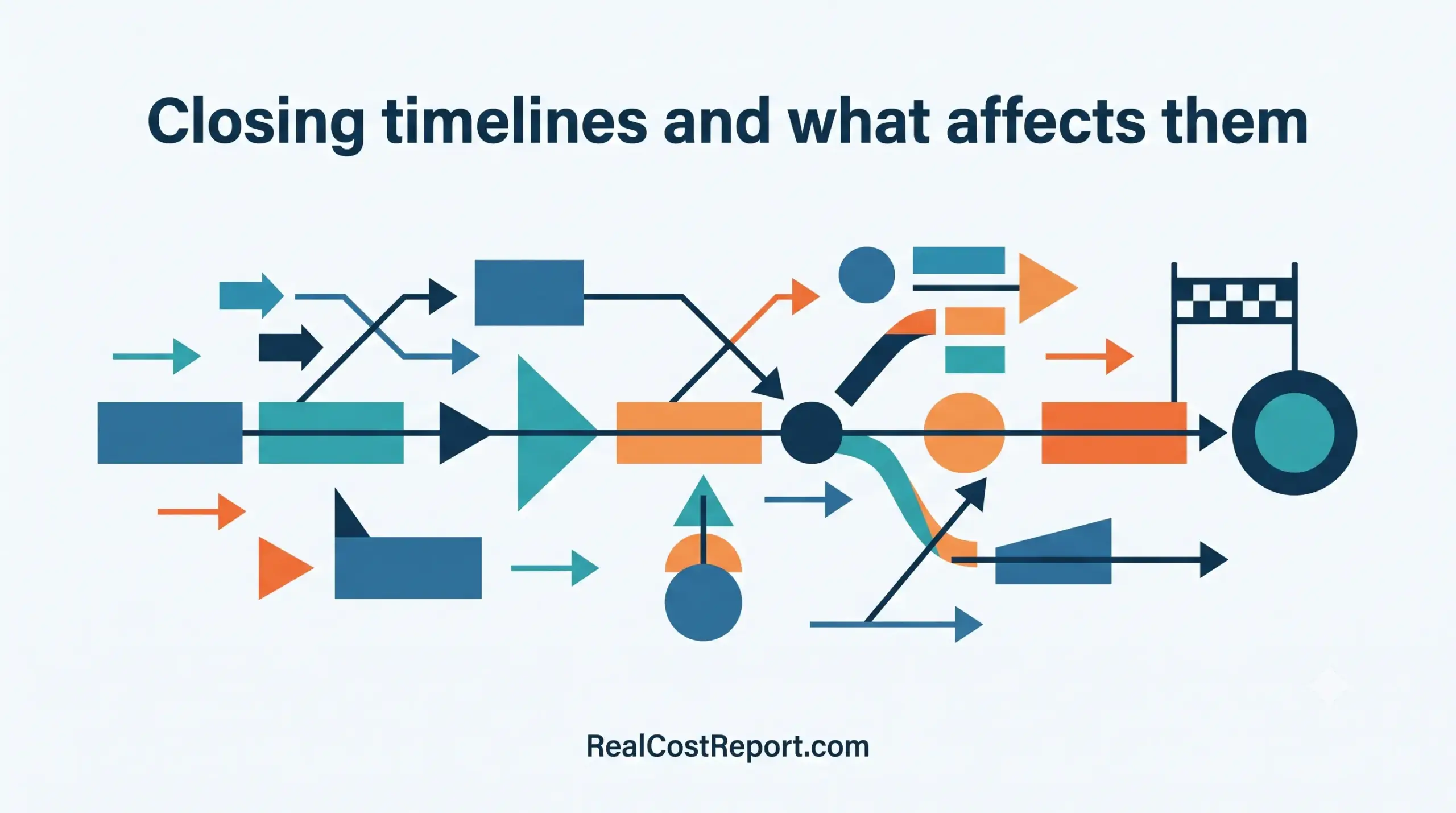 A geometric vector illustration showing a complex flow of shapes and arrows representing steps affecting a project timeline and completion.