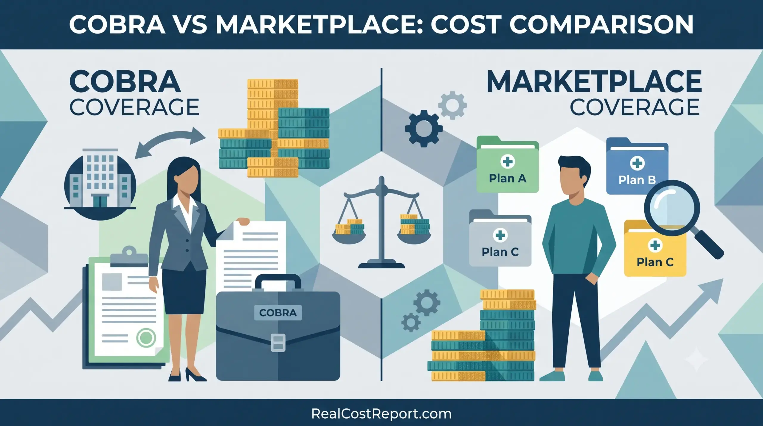 A modern geometric vector illustration comparing COBRA versus marketplace insurance costs, featuring a central balance scale and insurance icons.