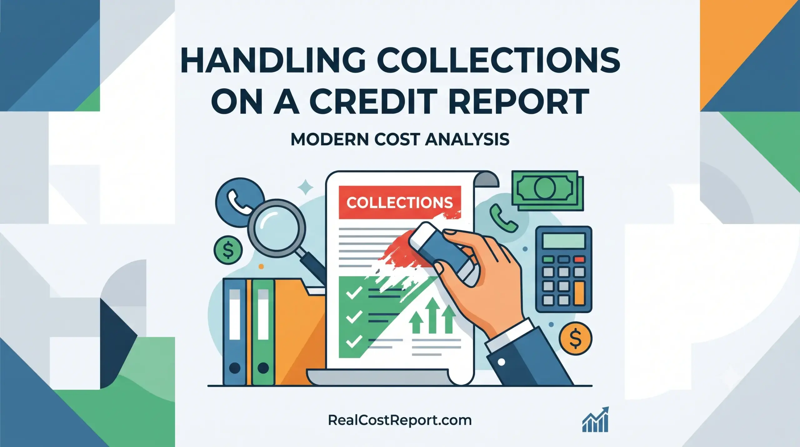 A hand using an eraser to remove the word 'collections' from a credit report document, in a geometric vector style.