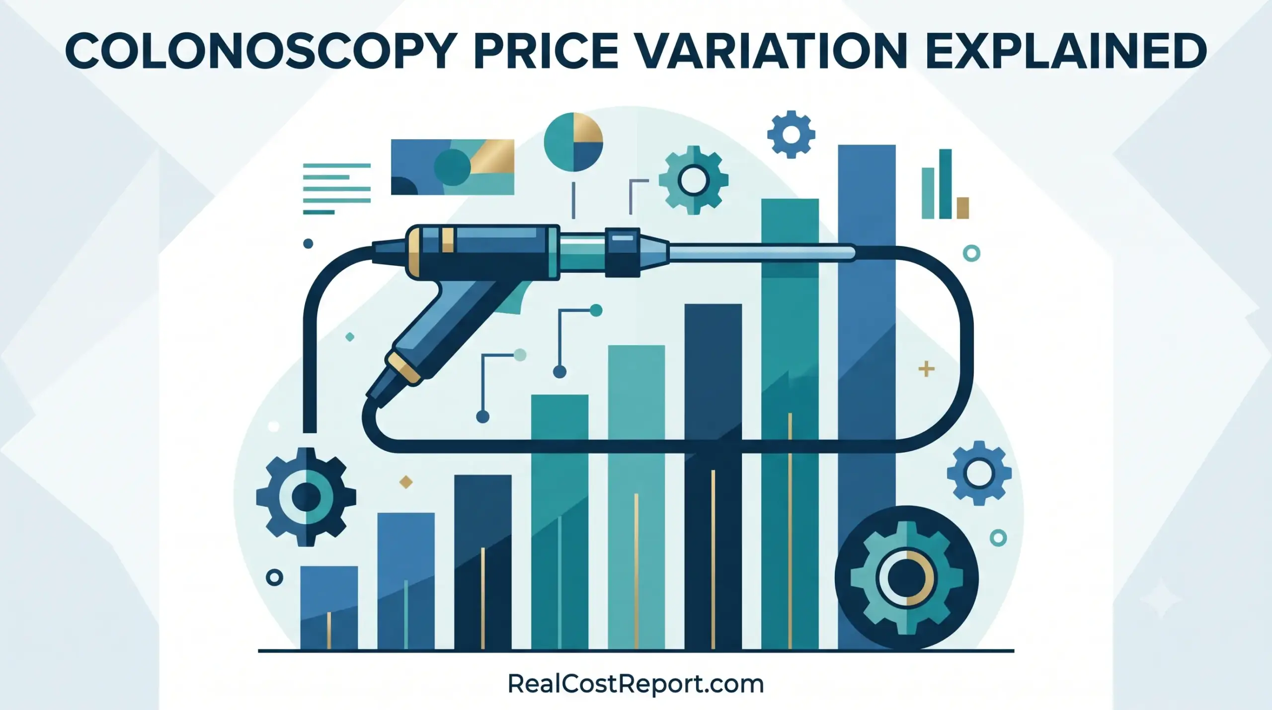 Geometric vector graphic explaining colonoscopy price variation with a medical tool and charts.