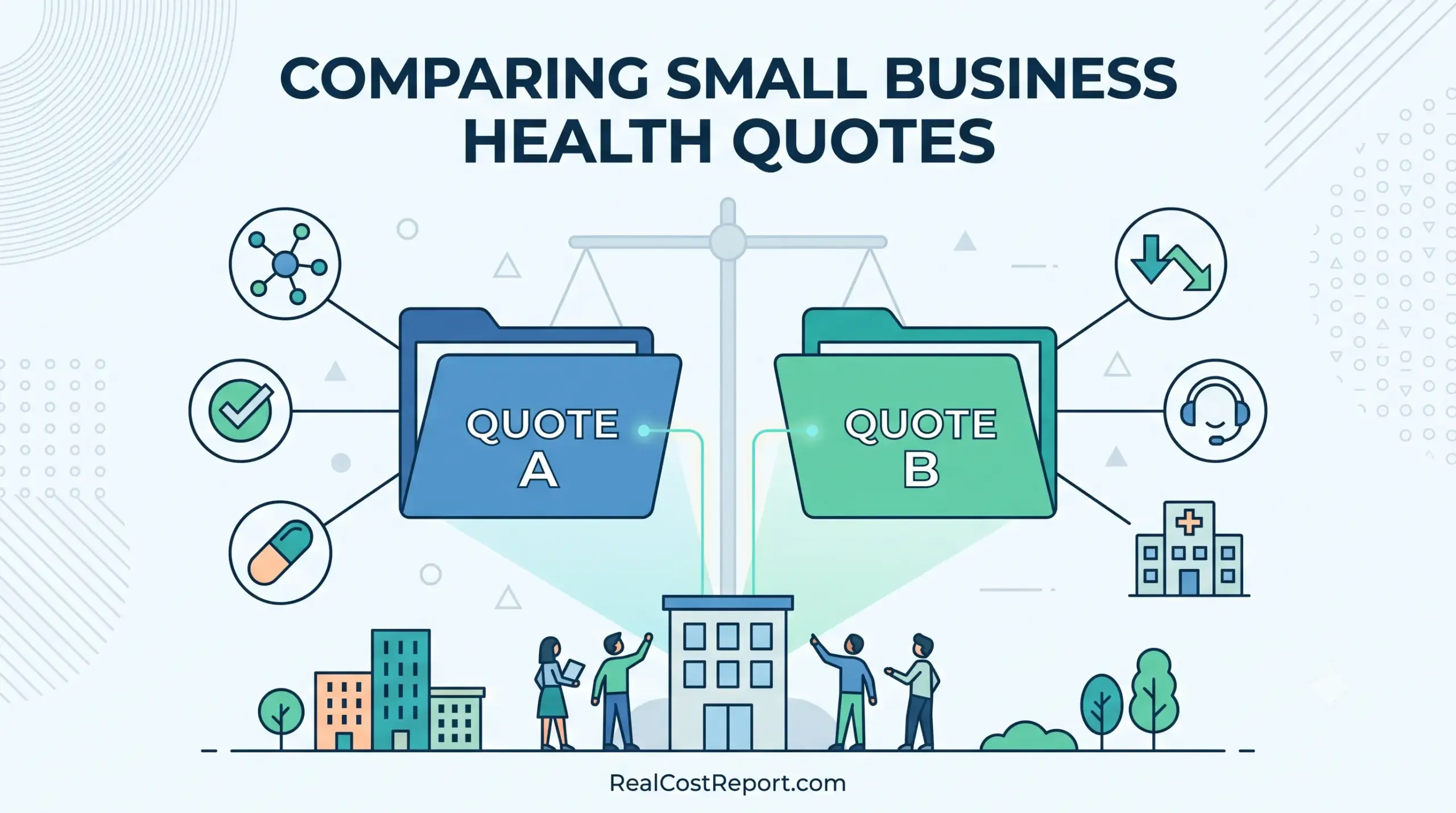 An illustration of a business scene with people and buildings, showing two folders labeled 'Quote A' and 'Quote B' balanced on a scale with health-related icons.