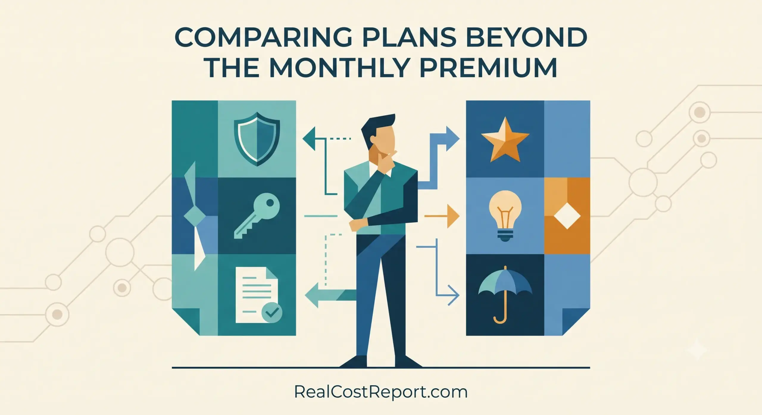 A vector illustration shows a person comparing two sets of plan icons: a shield, key, and document versus a star, bulb, and umbrella.