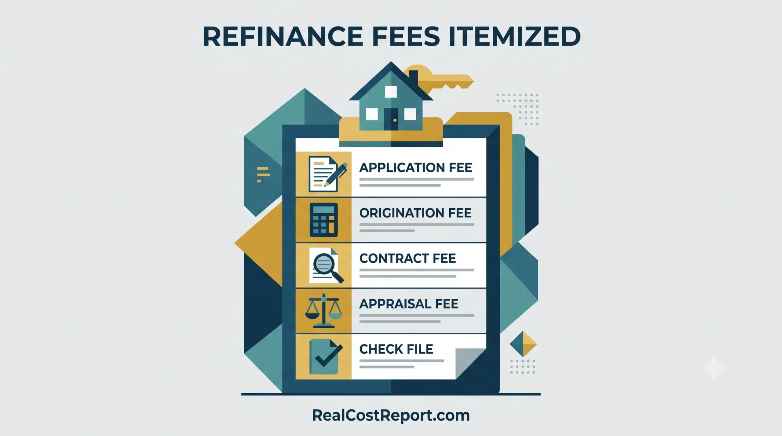 Geometric vector illustration of a clipboard itemizing mortgage refinance fees, topped with a small house icon.