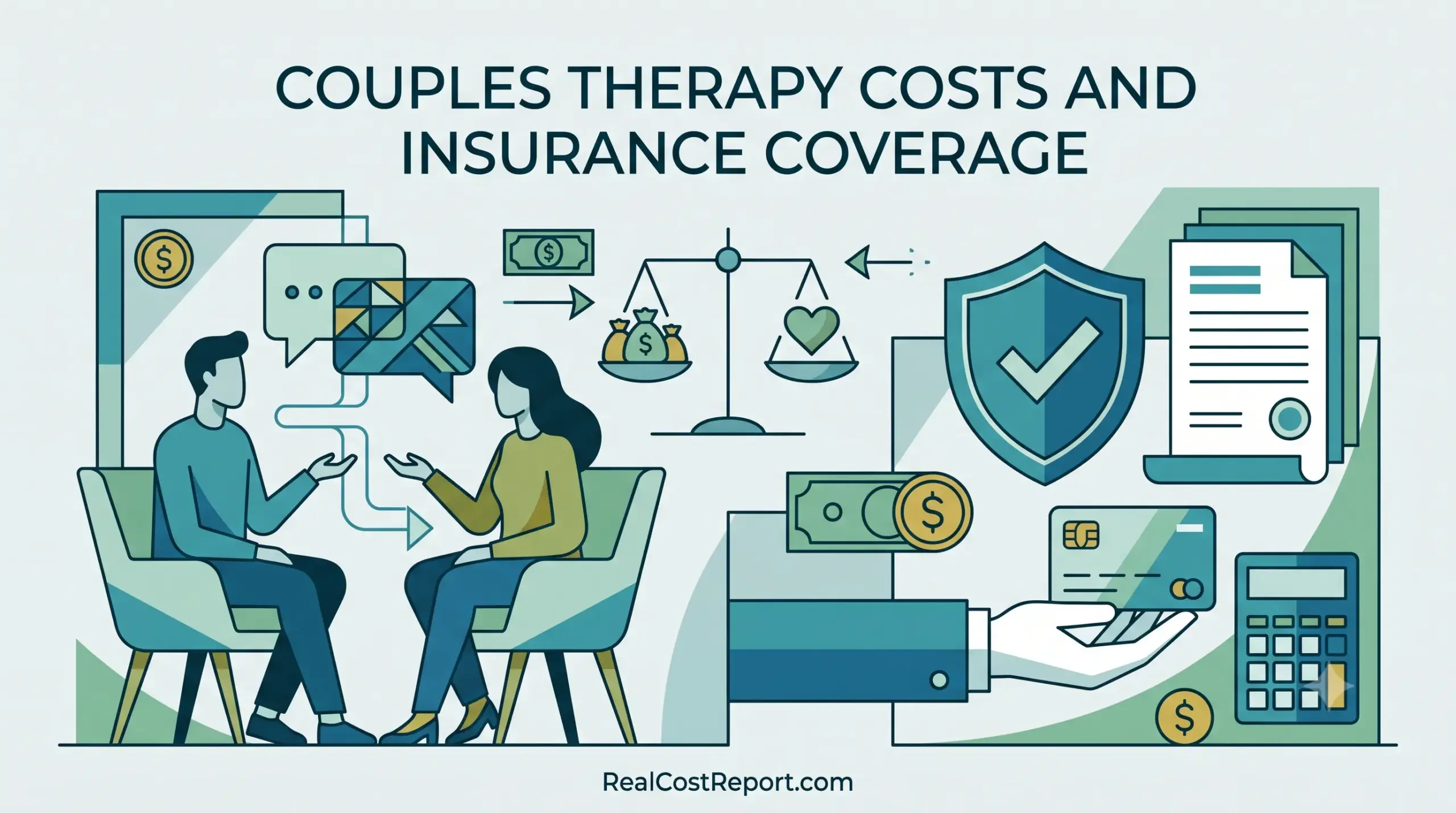 Geometric vector illustration of a couple in therapy alongside icons representing insurance shields, scales, and financial planning documents.
