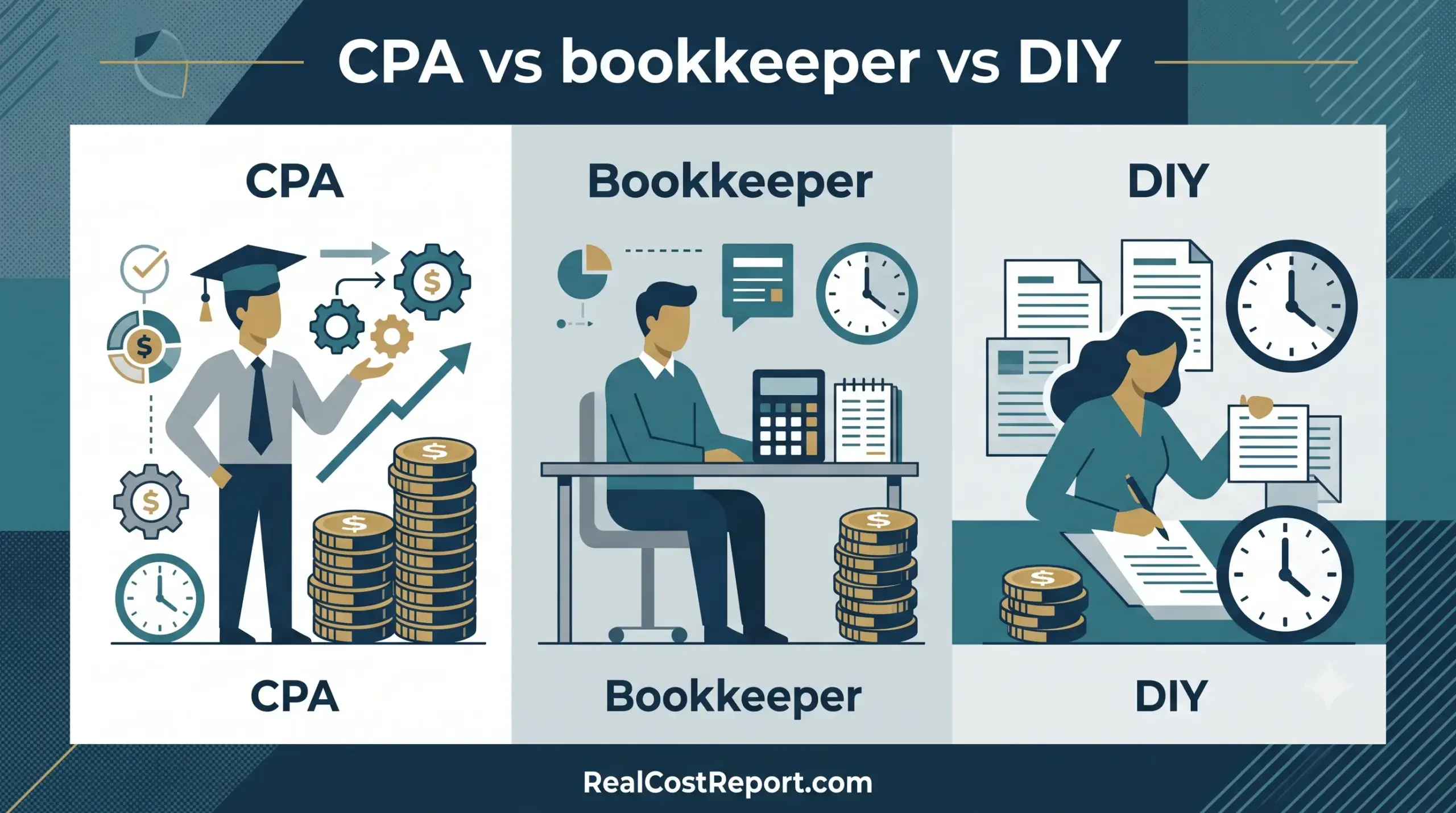 A three-panel geometric illustration comparing CPA, Bookkeeper, and DIY accounting methods regarding costs and time requirements.