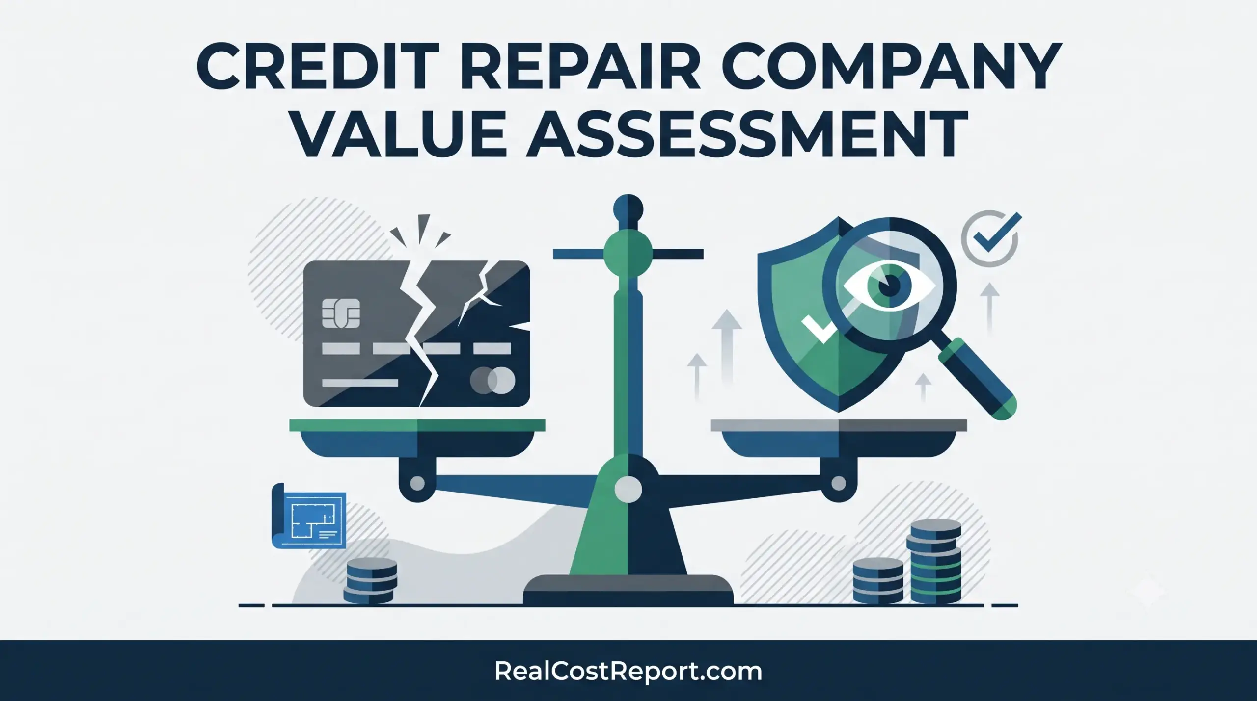 Illustration with text 'CREDIT REPAIR COMPANY VALUE ASSESSMENT' above a balance scale weighing a broken credit card against a verified shield.