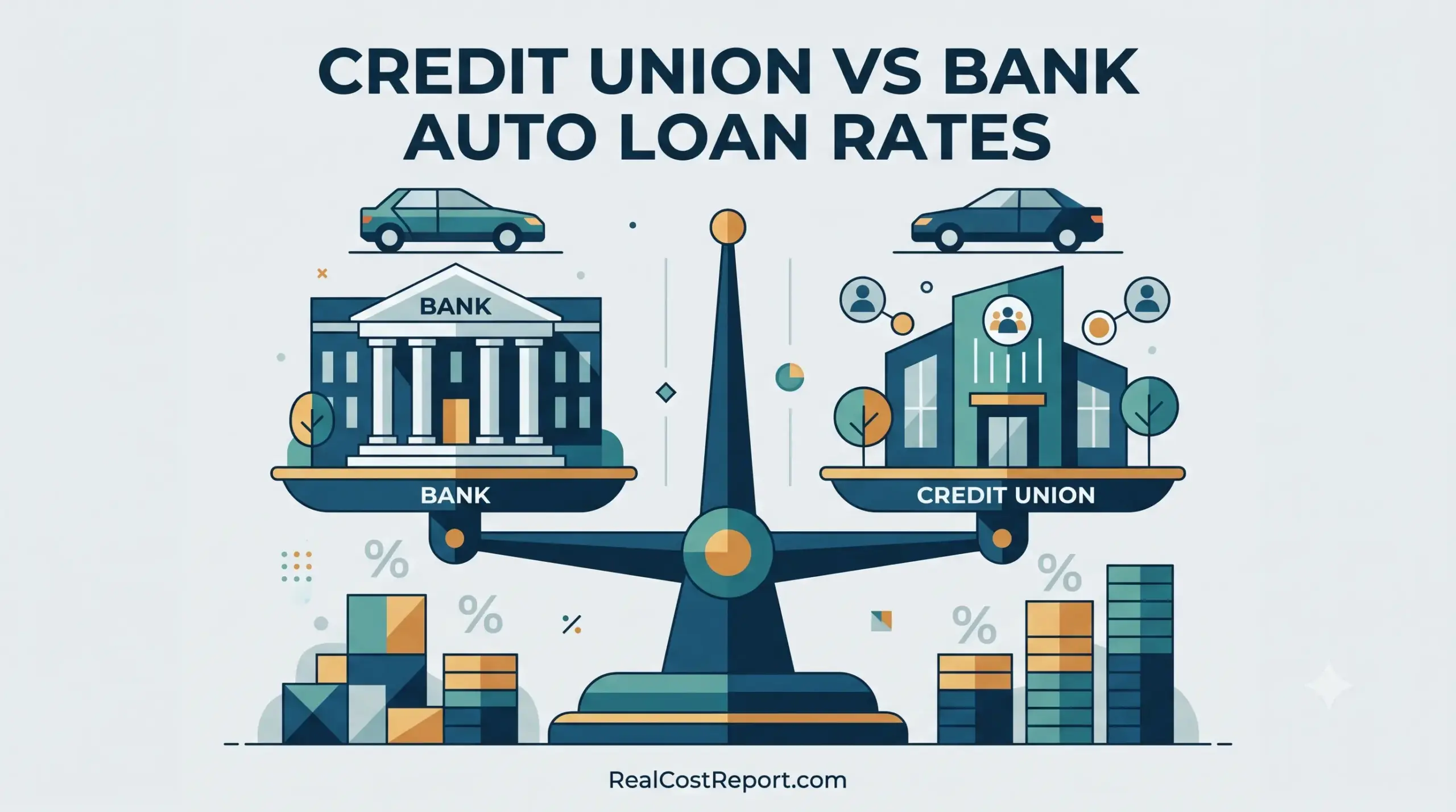 A geometric vector illustration comparing bank and credit union auto loan rates, featuring cars and a balance scale.