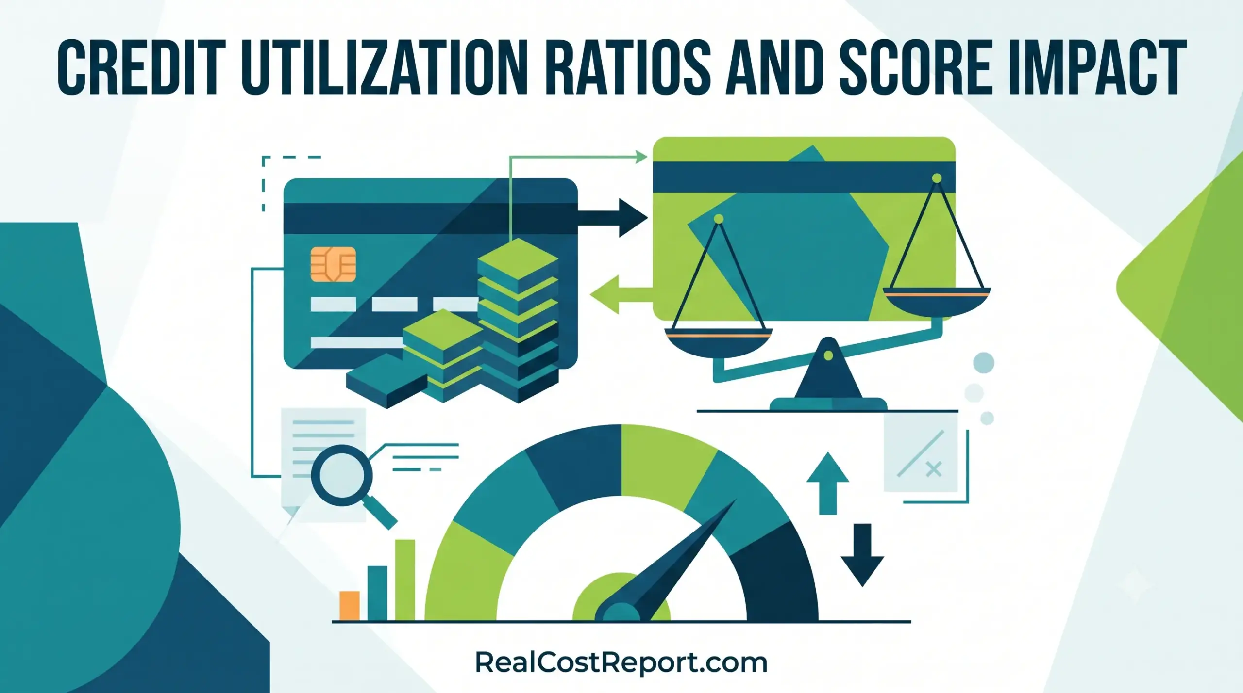An illustration showing credit utilization ratios influencing a credit score gauge, featured in a geometric vector style for RealCostReport.com.