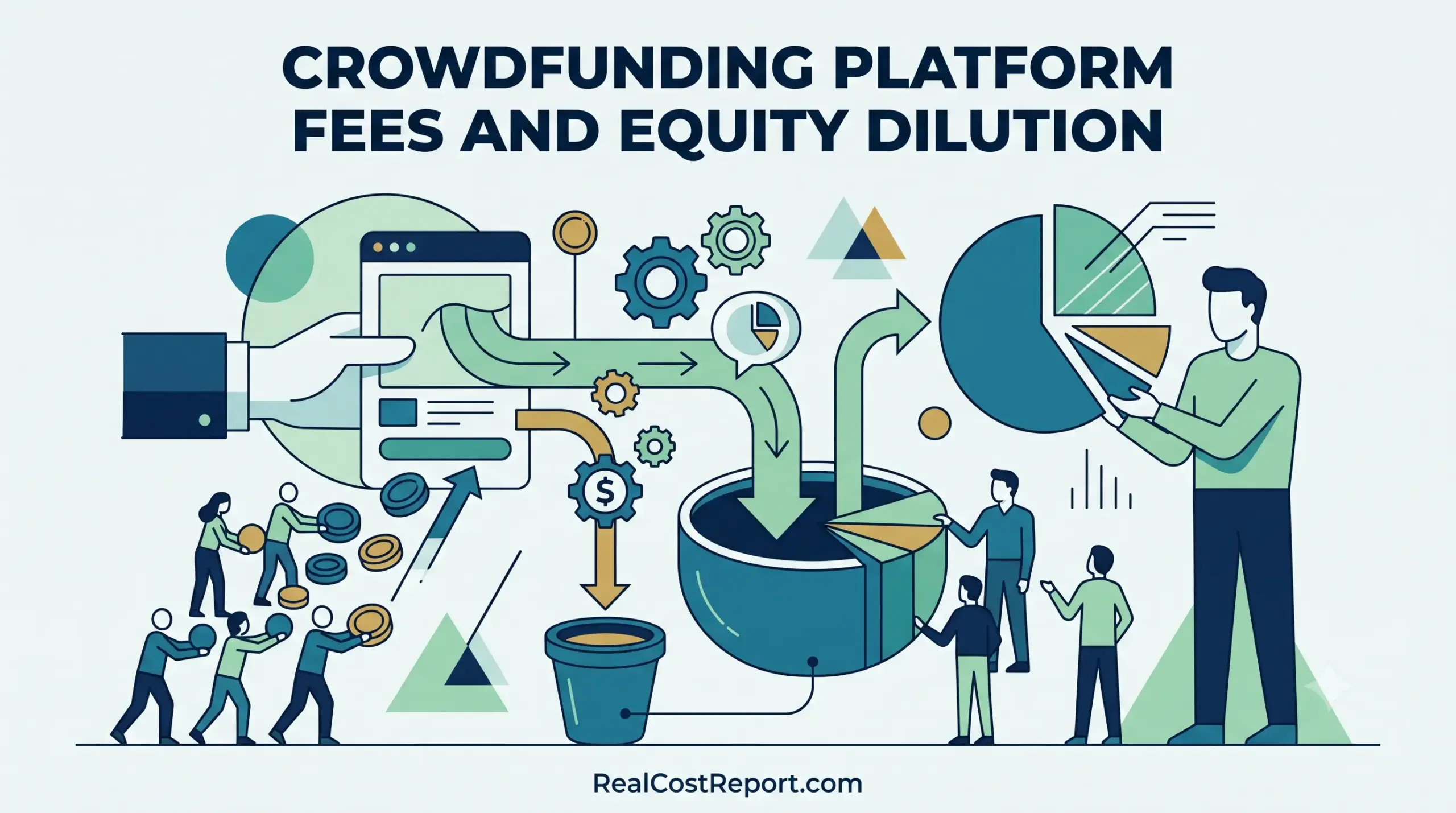 A flat geometric vector illustration shows a flow of funds from a crowdfunding app through gears and pots, leading to a pie chart which is being divided among stakeholders, all under the headline 'CROWDFUNDING PLATFORM FEES AND EQUITY DILUTION'.