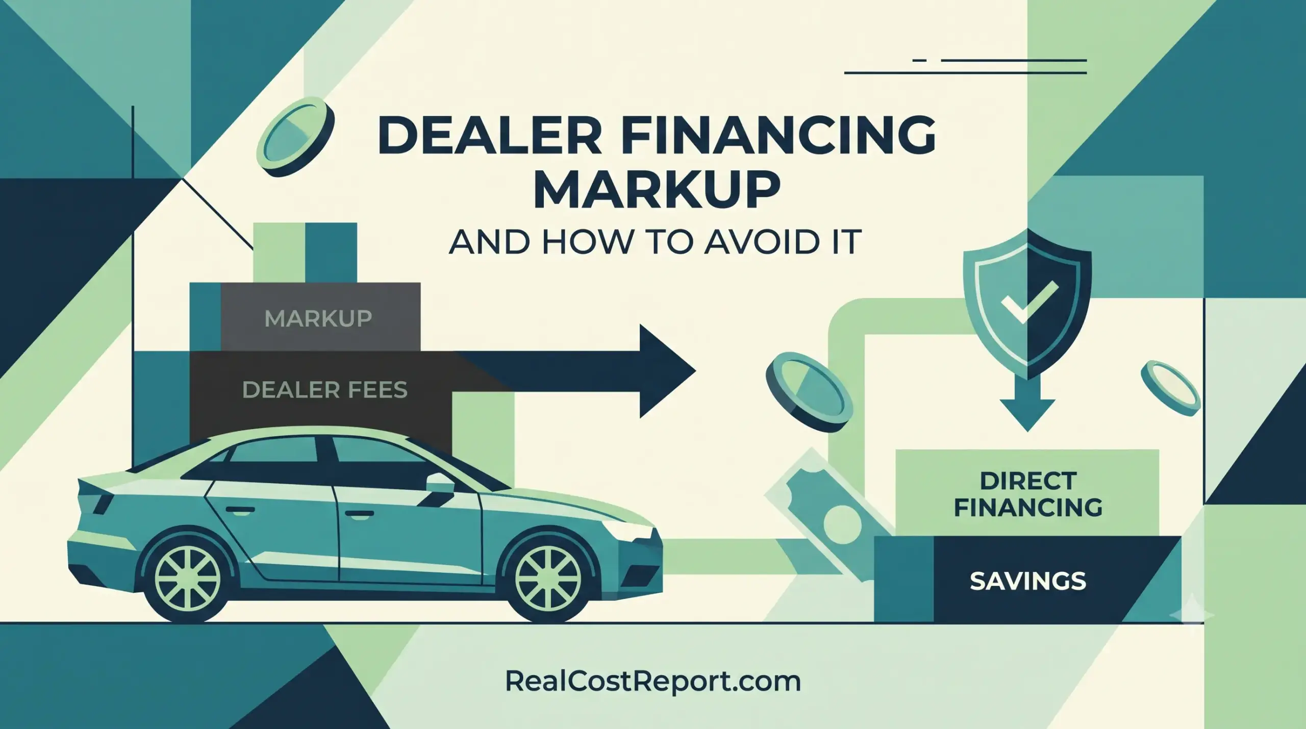 Modern geometric vector illustration for RealCostReport.com titled 'DEALER FINANCING MARKUP AND HOW TO AVOID IT' with a teal car and coins.