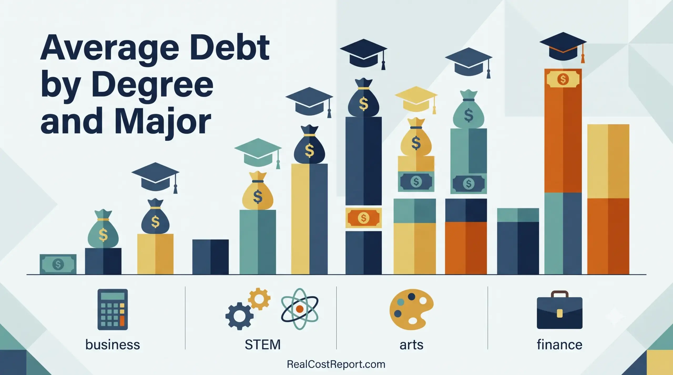 Geometric illustration of graduation caps above staggered blocks, representing average student debt varying by degree and major.