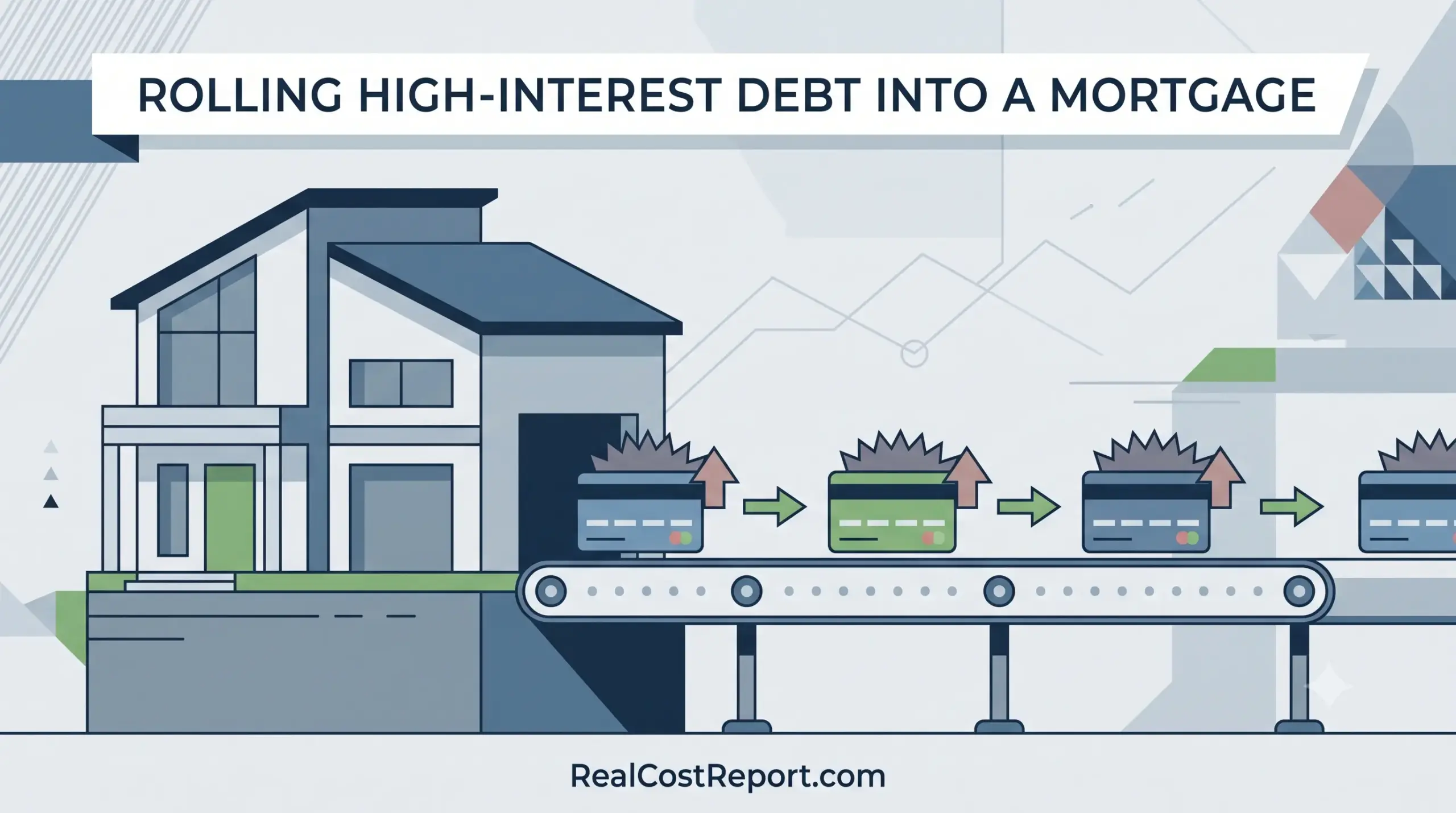 Modern illustration of credit cards on a conveyor belt moving into a house, showing debt consolidation into a mortgage.