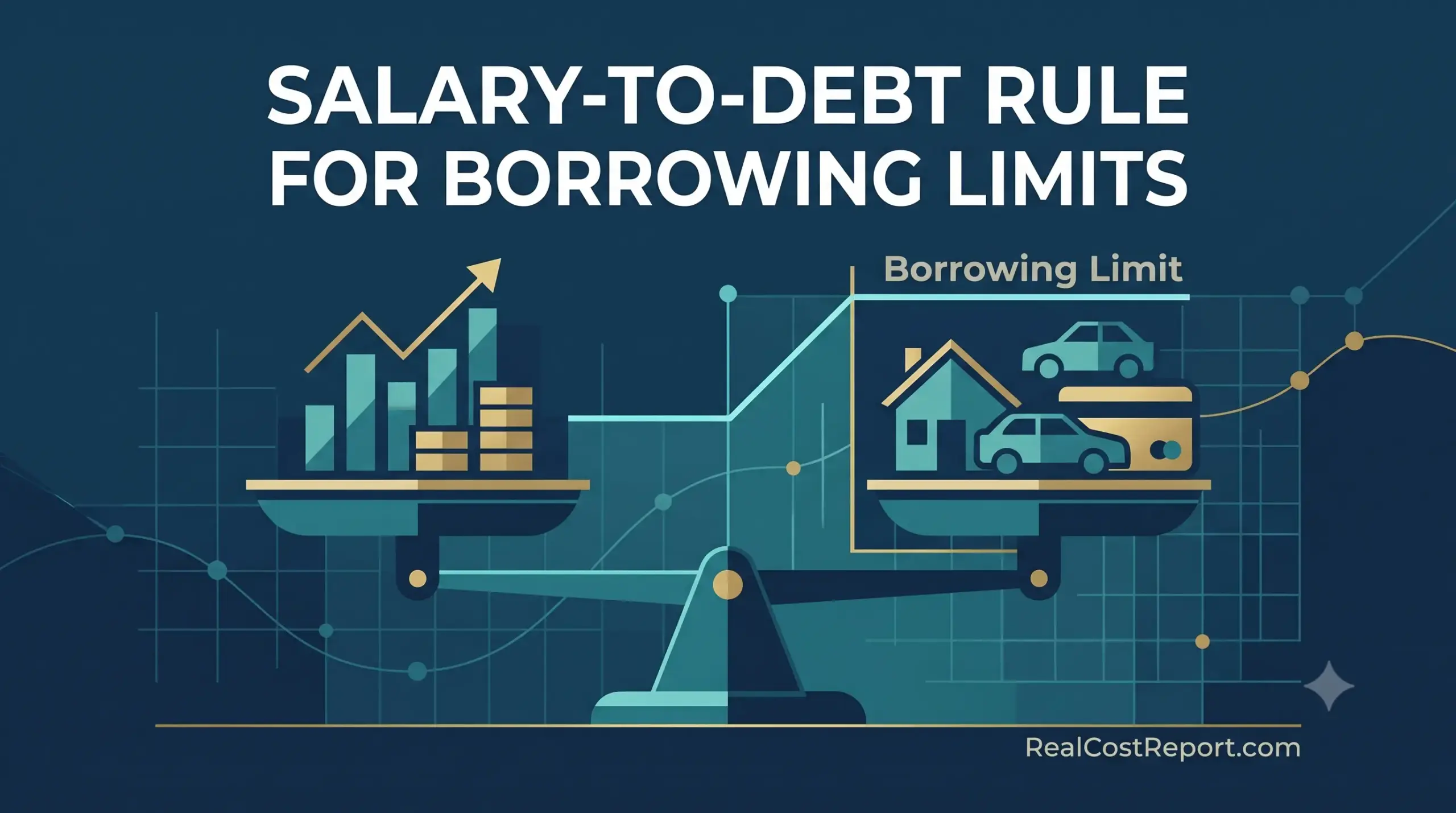 Geometric vector illustration of a scale balancing assets and debts, representing the salary-to-debt rule for borrowing limits.