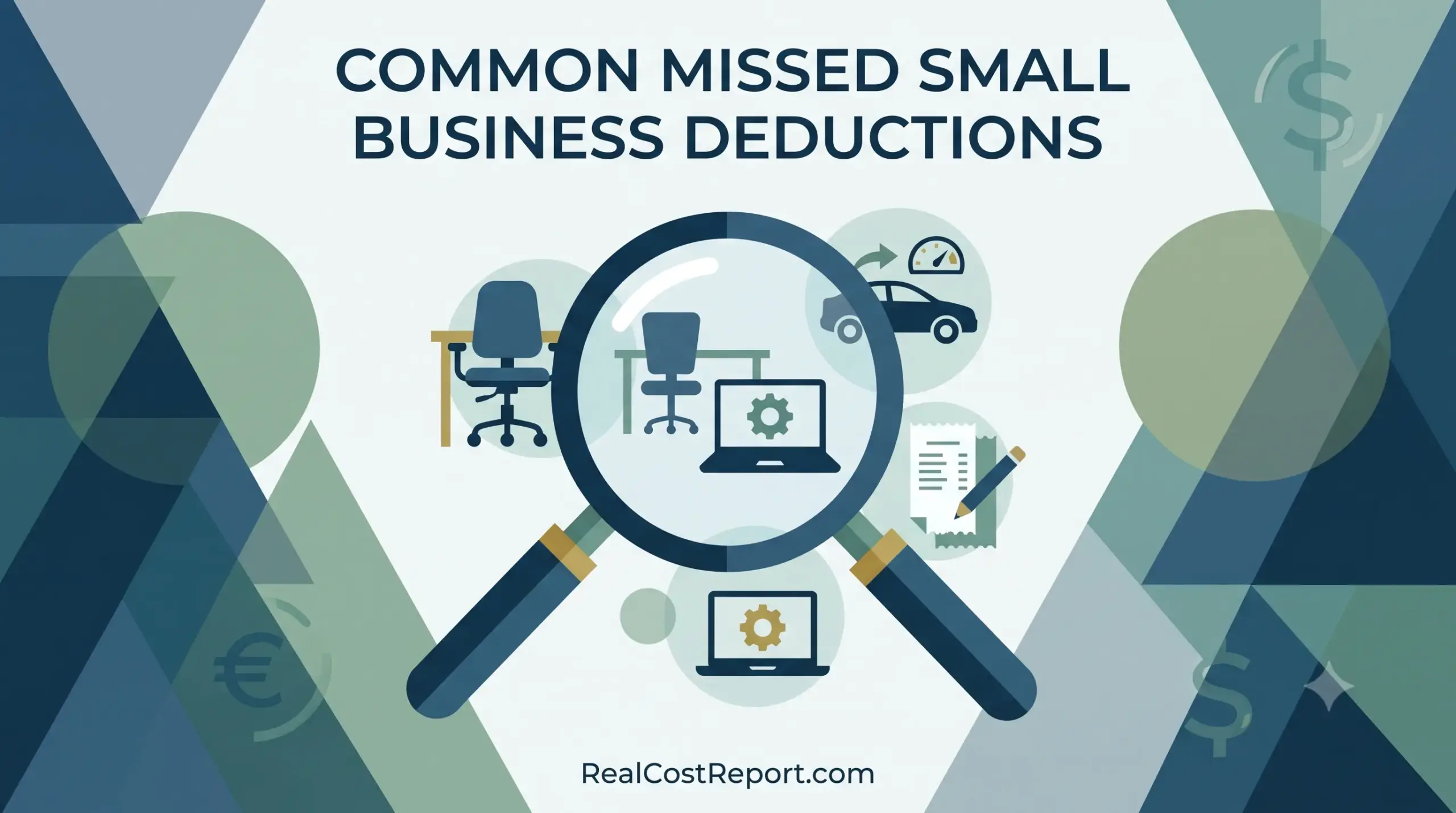 Flat vector illustration for Real Cost Report with a magnifying glass highlighting small business expenses like a vehicle, office, and laptop.