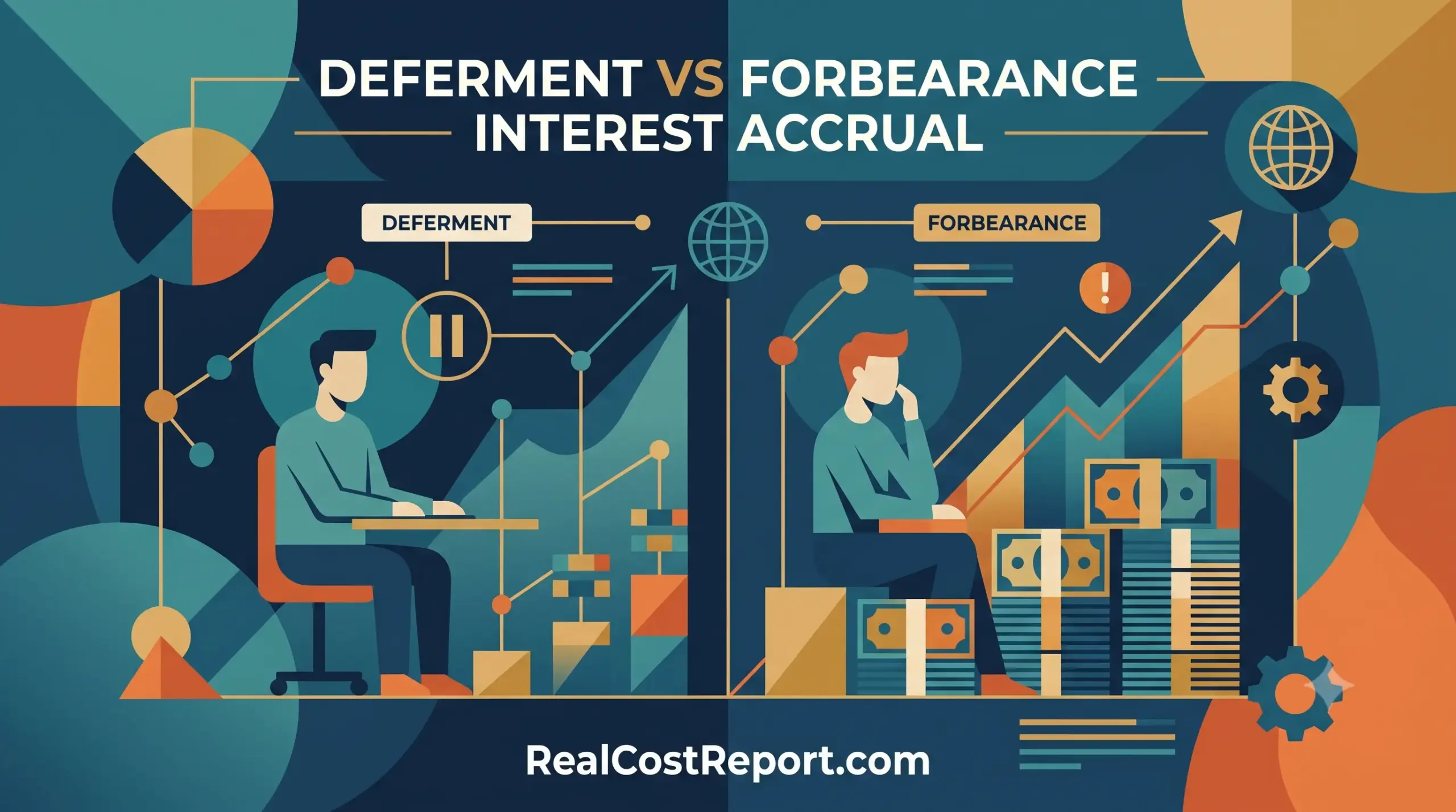 A geometric vector illustration comparing deferment and forbearance interest accrual, with a professional blue and orange color scheme.