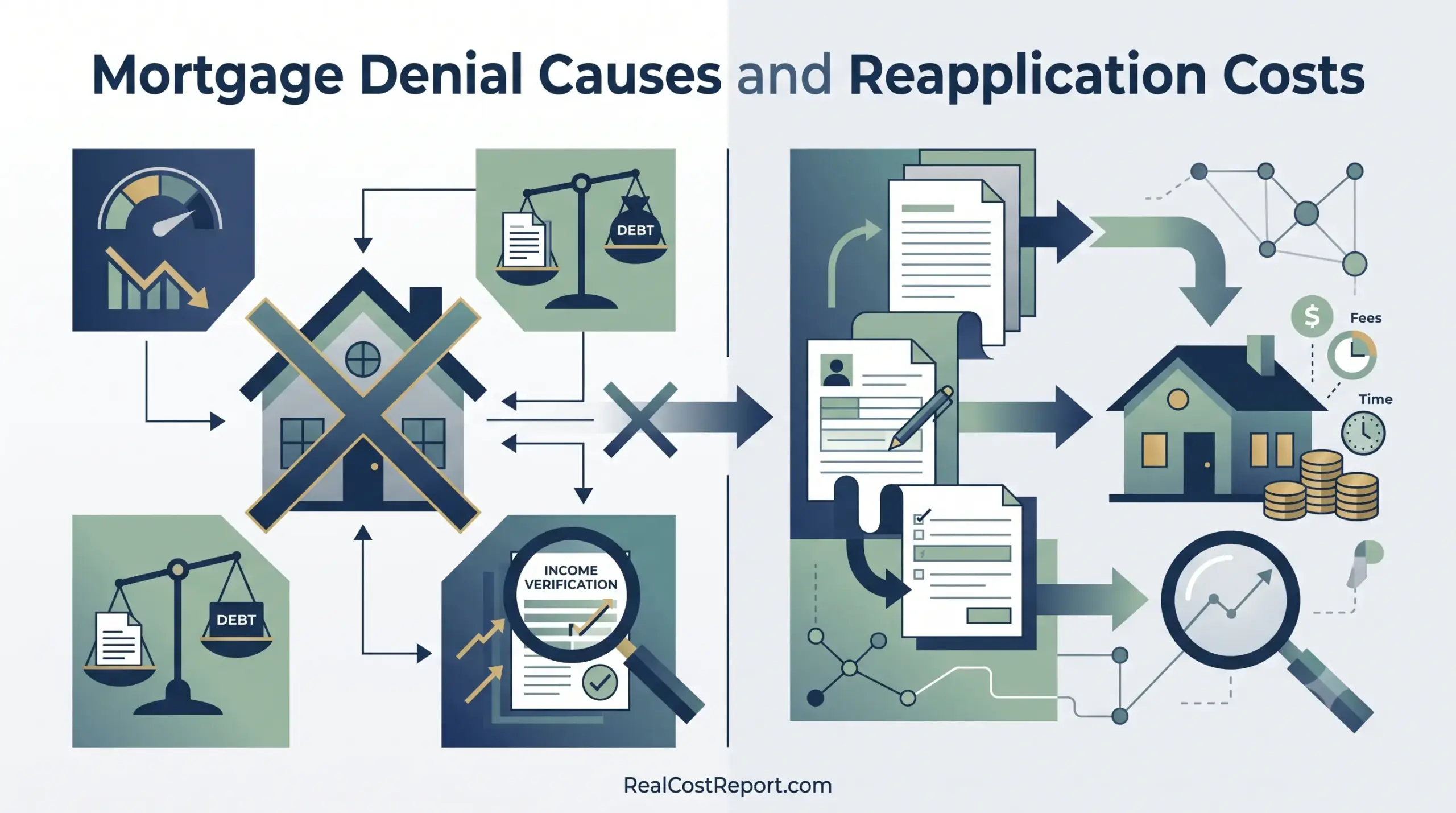 An editorial infographic illustrating reasons for mortgage rejection on the left and the time and fees required for reapplication on the right.