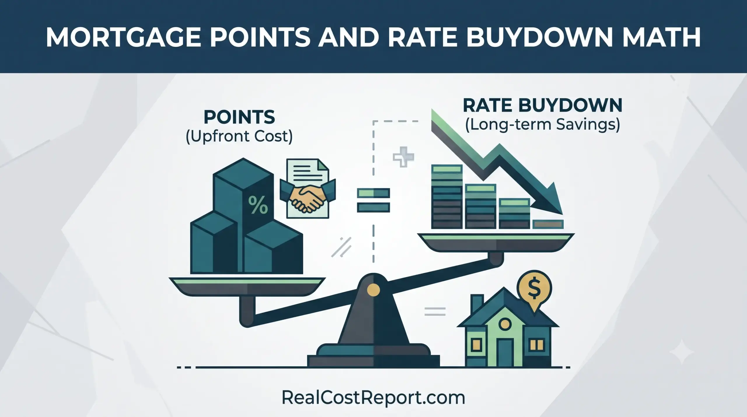 A geometric vector illustration shows a scale balancing "Points (Upfront Cost)" against "Rate Buydown (Long-term Savings)" for a real estate comparison.