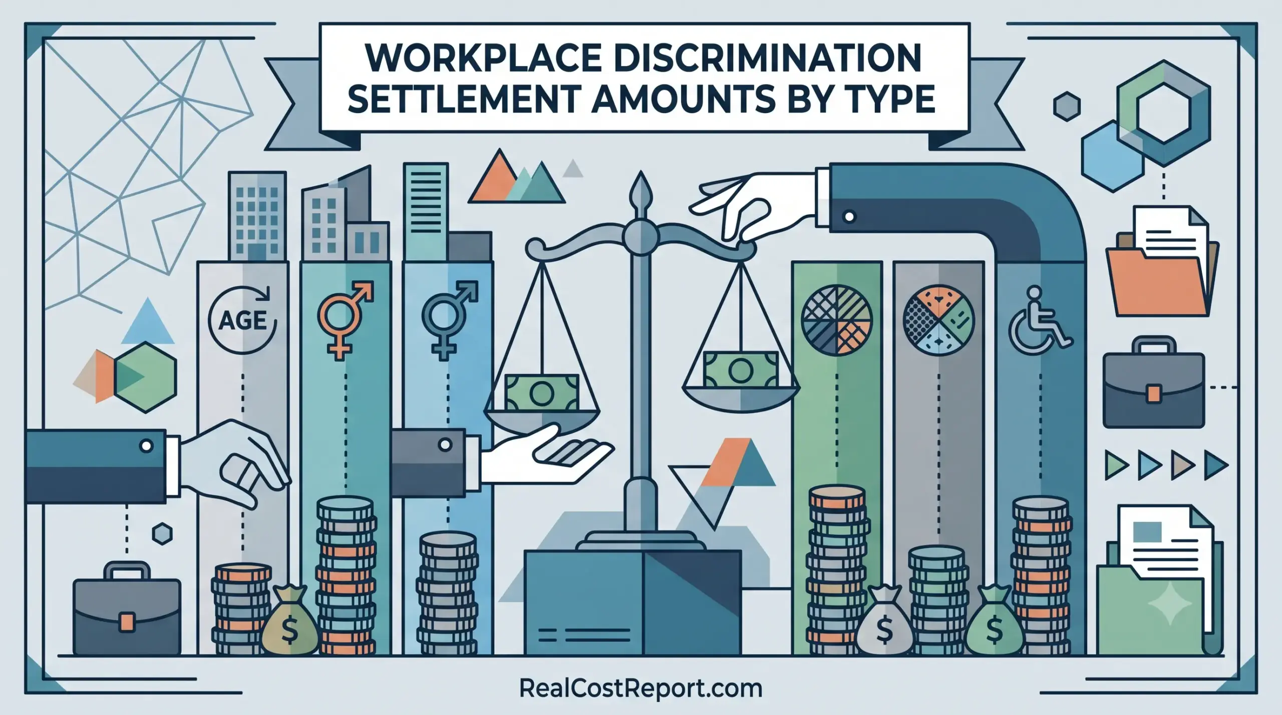Geometric illustration showing a scale with money balancing, office icons, and the article title for Workplace Discrimination Settlements.