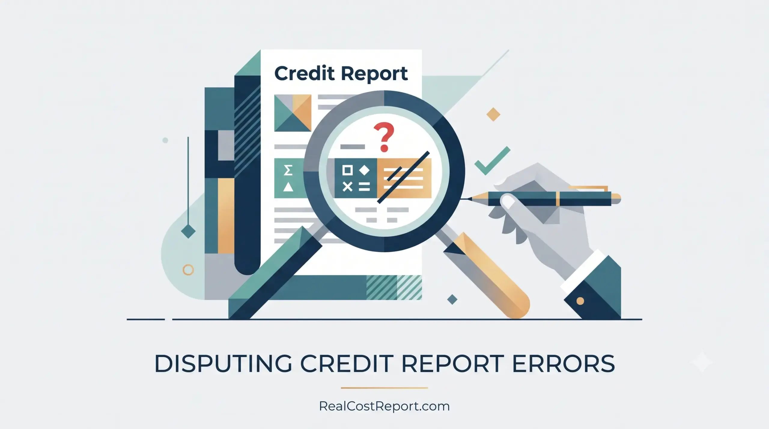 A modern geometric illustration shows a hand with a pen marking an error on a credit report under a magnifying glass.