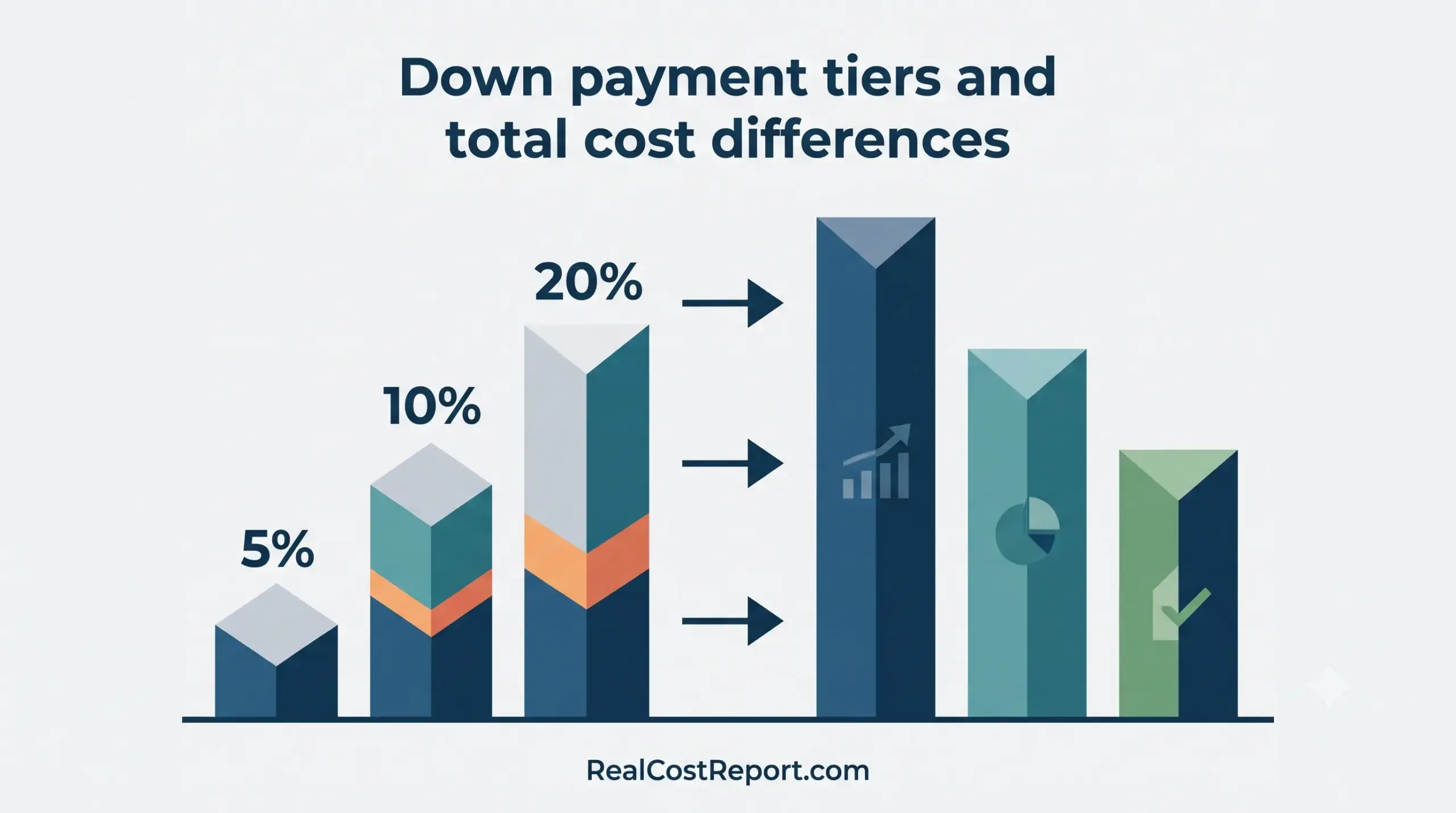 A geometric vector illustration displaying three tiers of increasing down payments on the left that contrast with three varying bars representing total cost differences on the right. The design uses a flat, professional palette of blues and greens with the headline and website URL included.