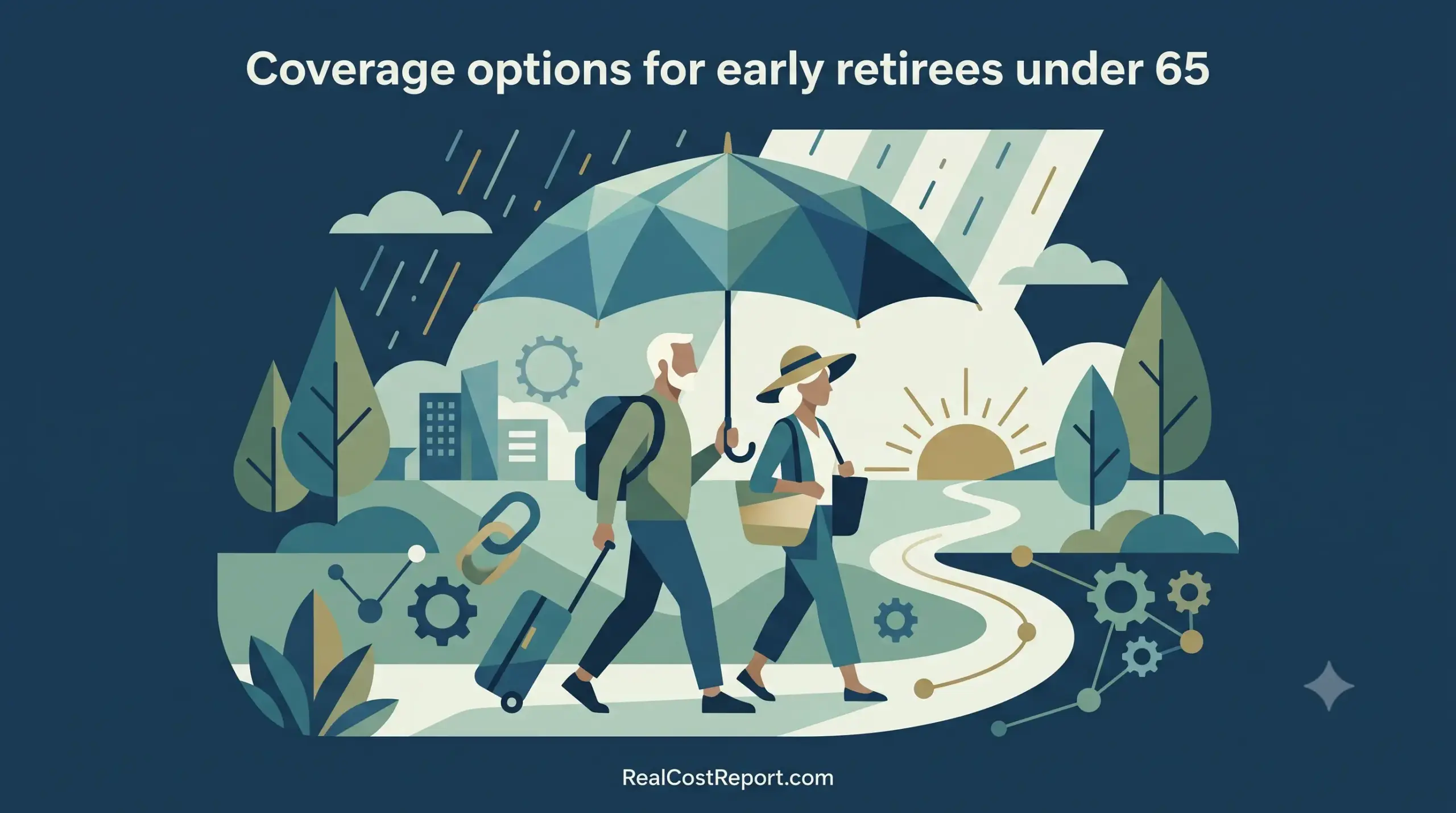 Minimalist geometric illustration of a couple walking safely under an umbrella, representing health coverage for early retirees.
