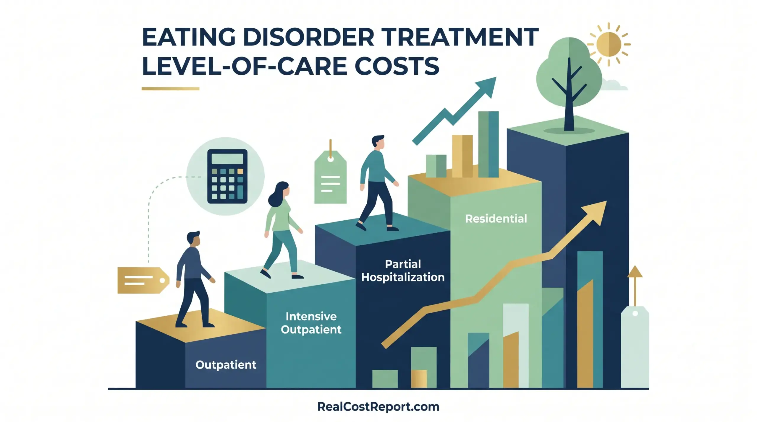 An illustration with text shows a rising chart of blocks labeled Outpatient, Intensive Outpatient, Partial Hospitalization, and Residential.