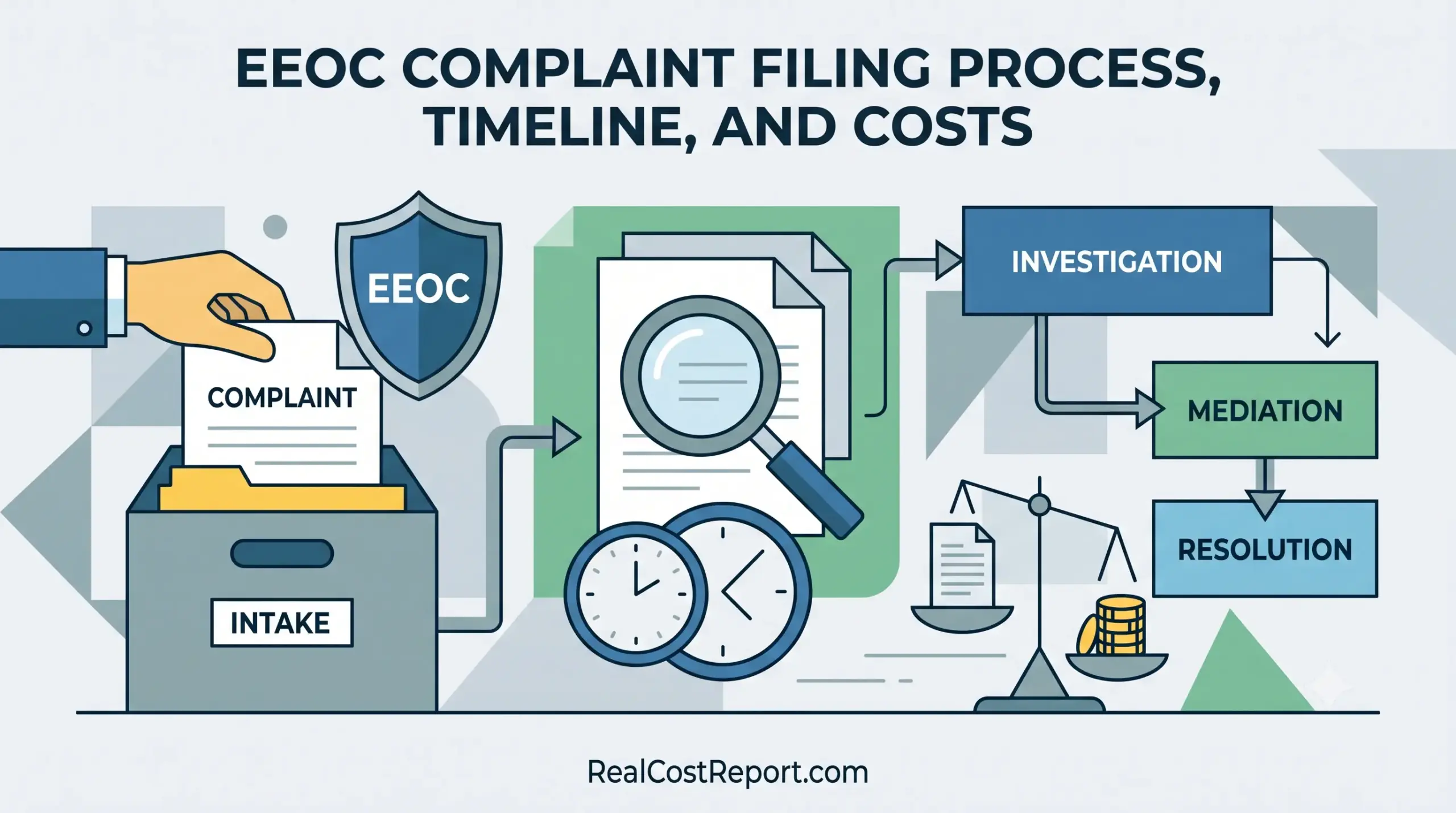 Minimal vector graphic illustrating the EEOC complaint filing process, featuring timeline clocks, legal scales, and document icons.