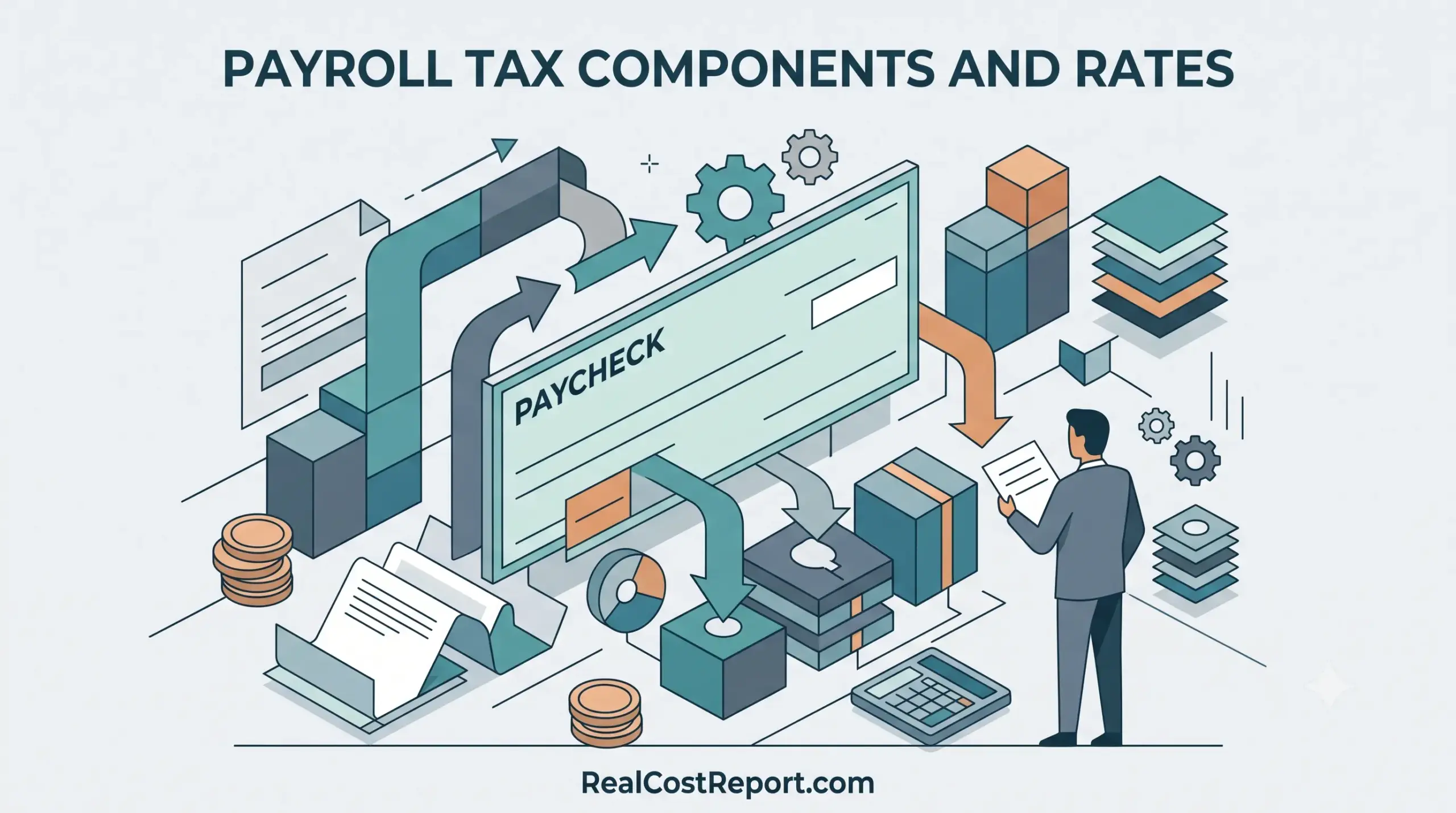 Minimalist vector illustration showing a paycheck dividing into geometric blocks, representing employer payroll tax components.