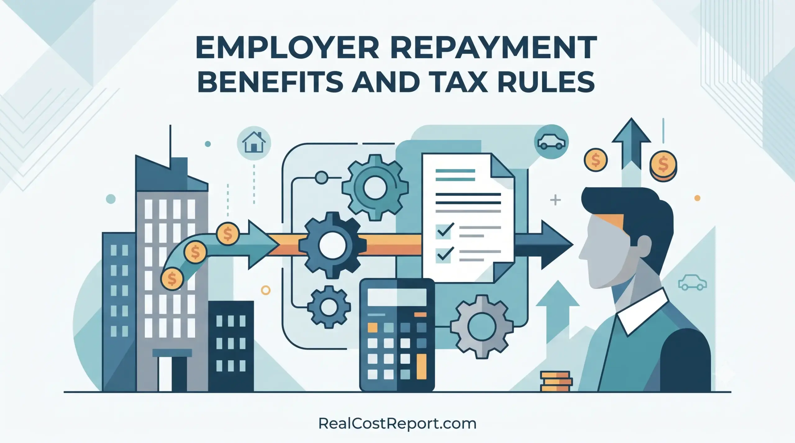 Minimalist vector illustration showing financial flow from corporate buildings through tax processing gears to an employee.